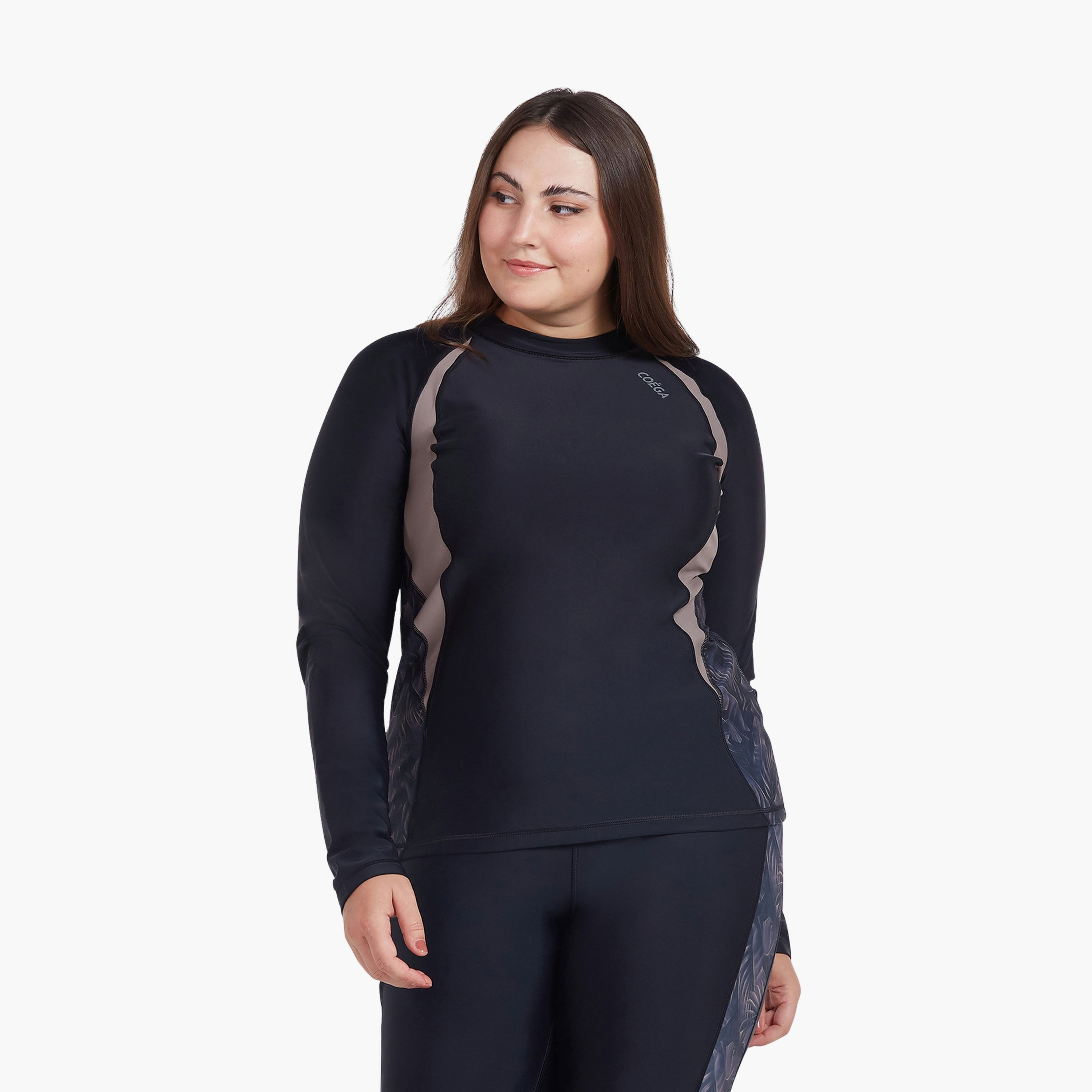 Coega Women's Long Sleeve Rashguard with Diagonal - Nero Silver Tropical-sports-women-clothing-swimwear-image-1