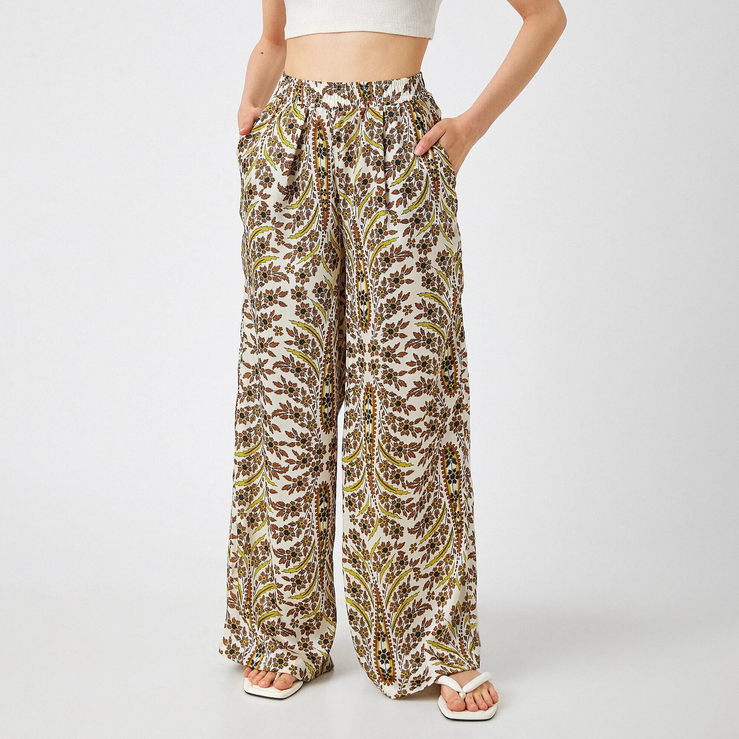 KOTON Regular Fit High-Rise Elasticated Waist Women's Wide Leg Trousers-women-clothing-trousers-image-1