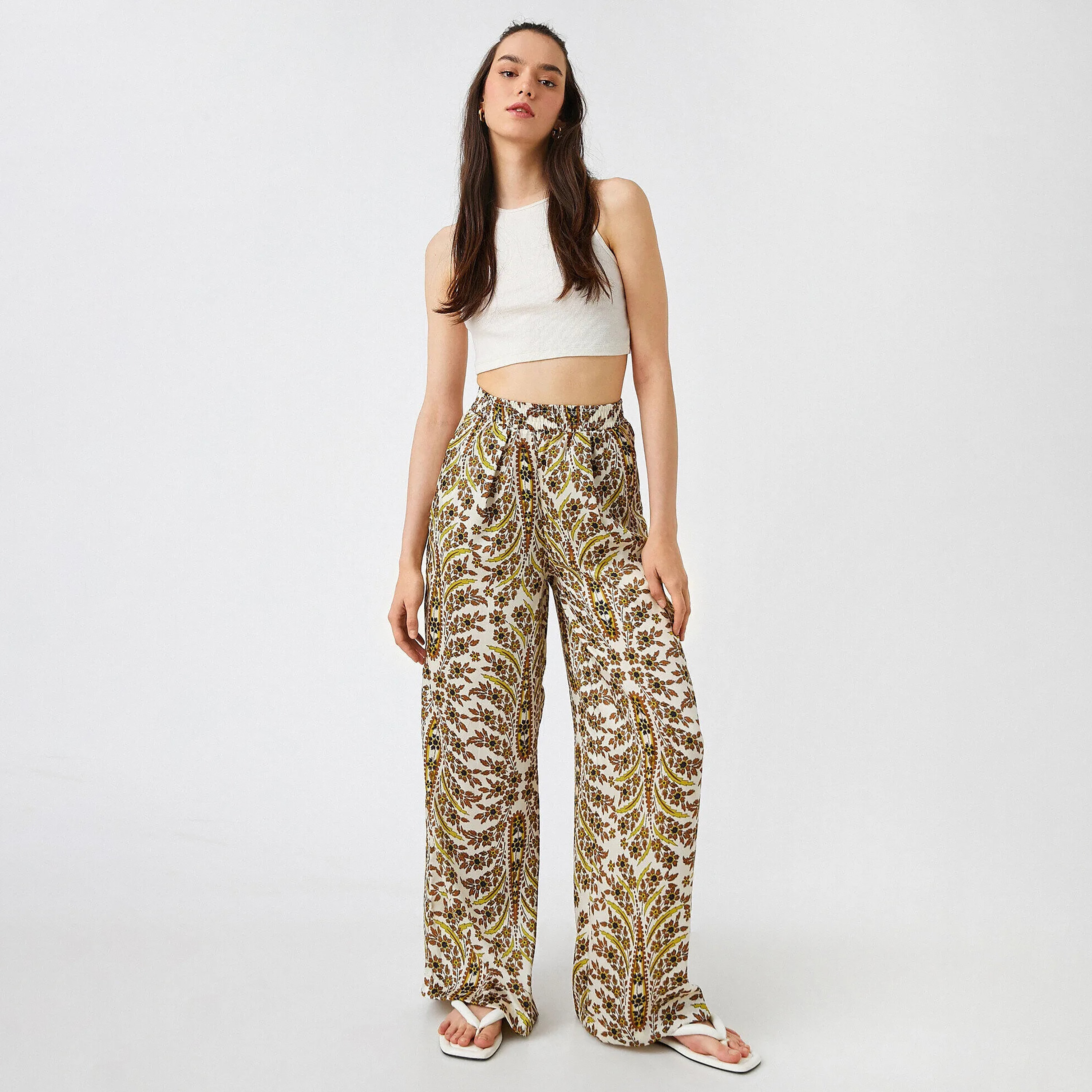 KOTON Regular Fit High-Rise Elasticated Waist Women's Wide Leg Trousers-women-clothing-trousers-image-2