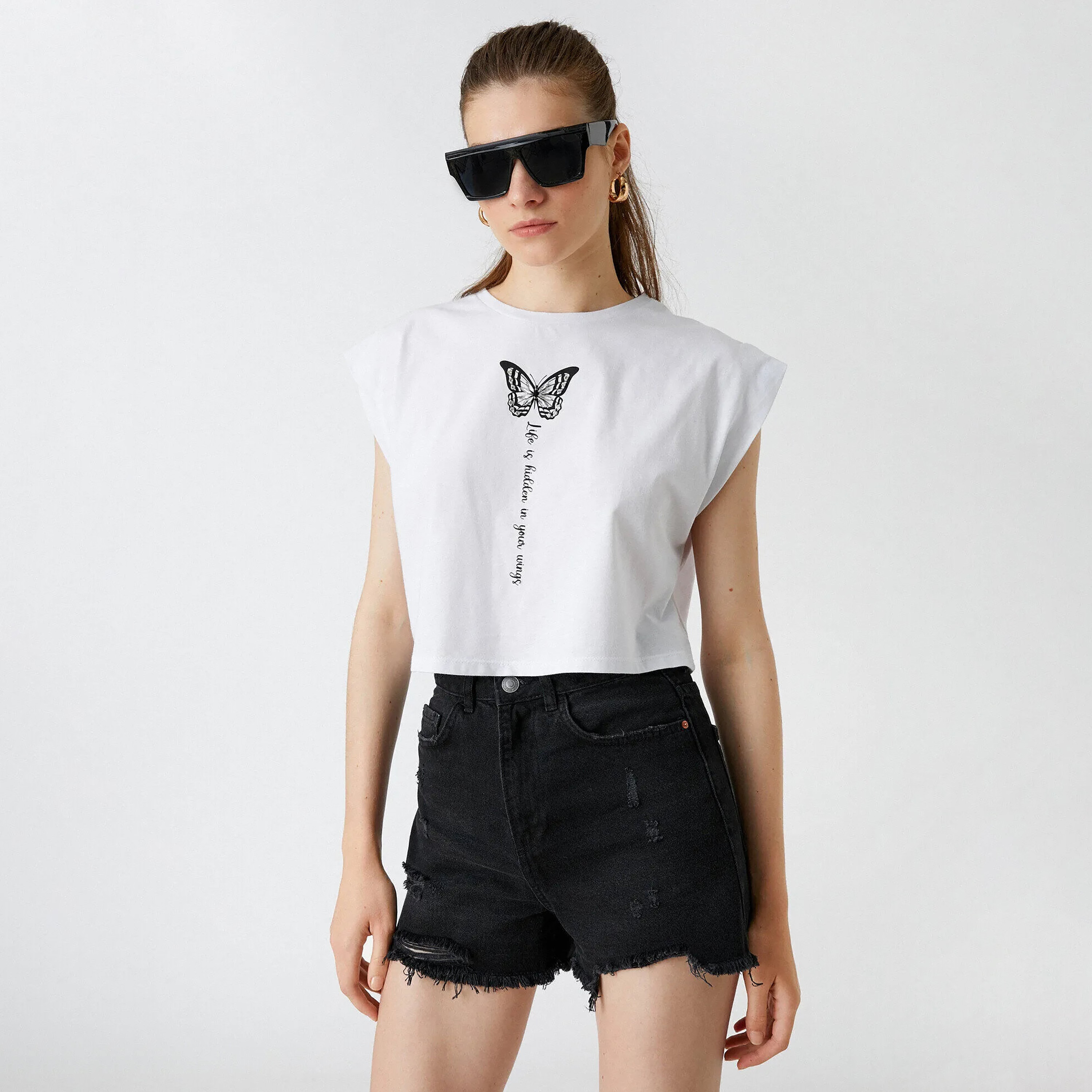 KOTON White Embellished Graphic Butterfly Print Women's Cropped Top-women-clothing-shirtsandblouses-blouses-image-1