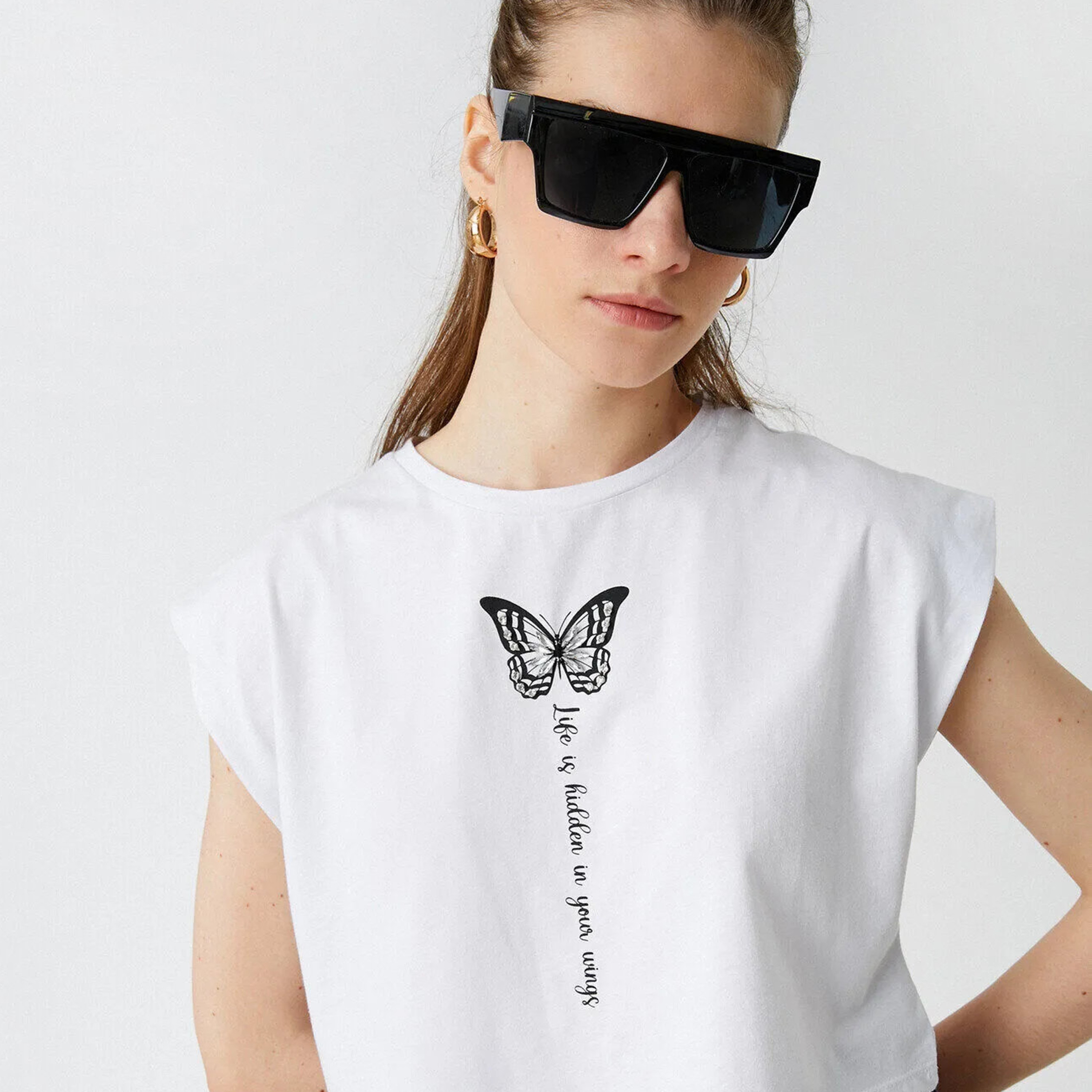 KOTON White Embellished Graphic Butterfly Print Women's Cropped Top-women-clothing-shirtsandblouses-blouses-image-4