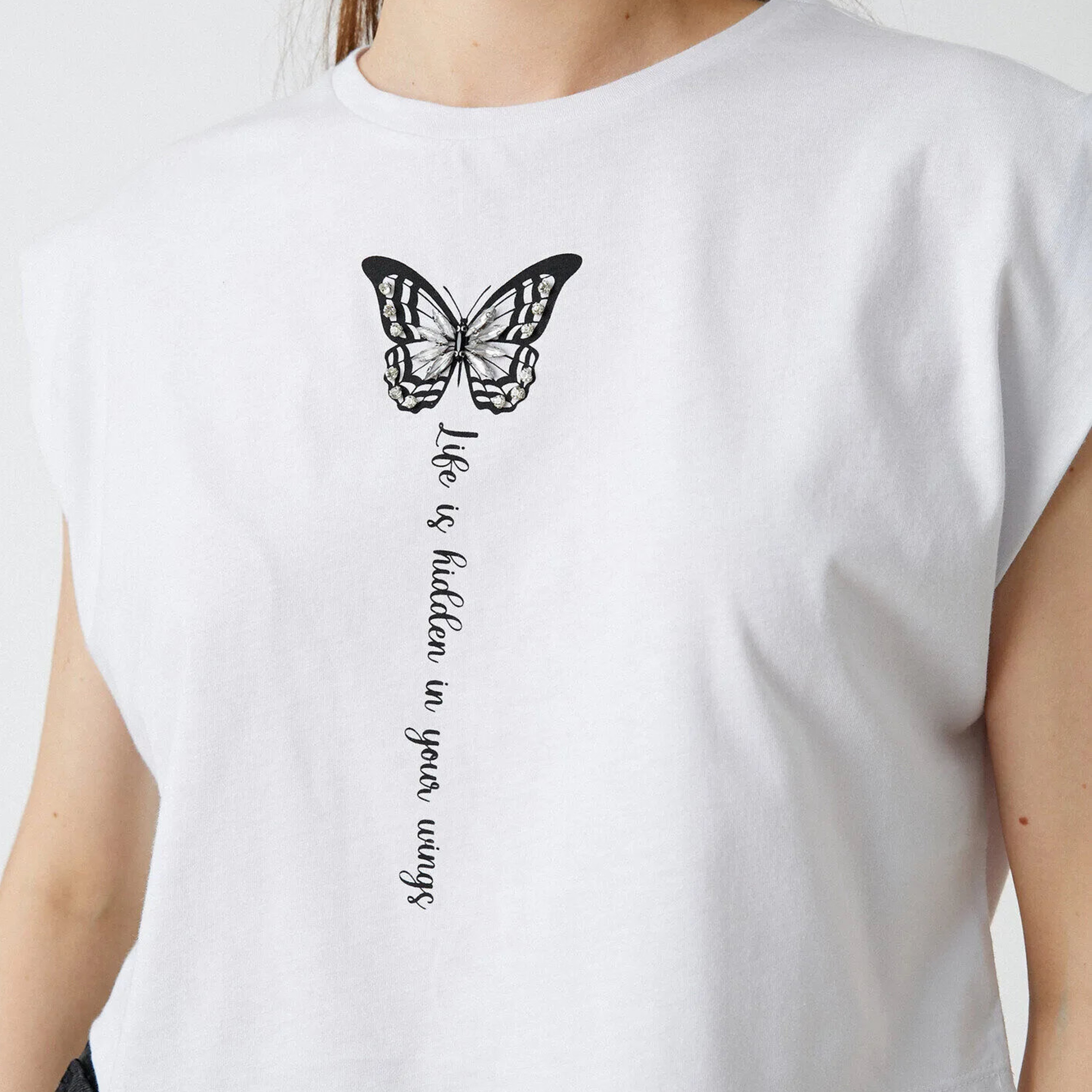 KOTON White Embellished Graphic Butterfly Print Women's Cropped Top-women-clothing-shirtsandblouses-blouses-image-5