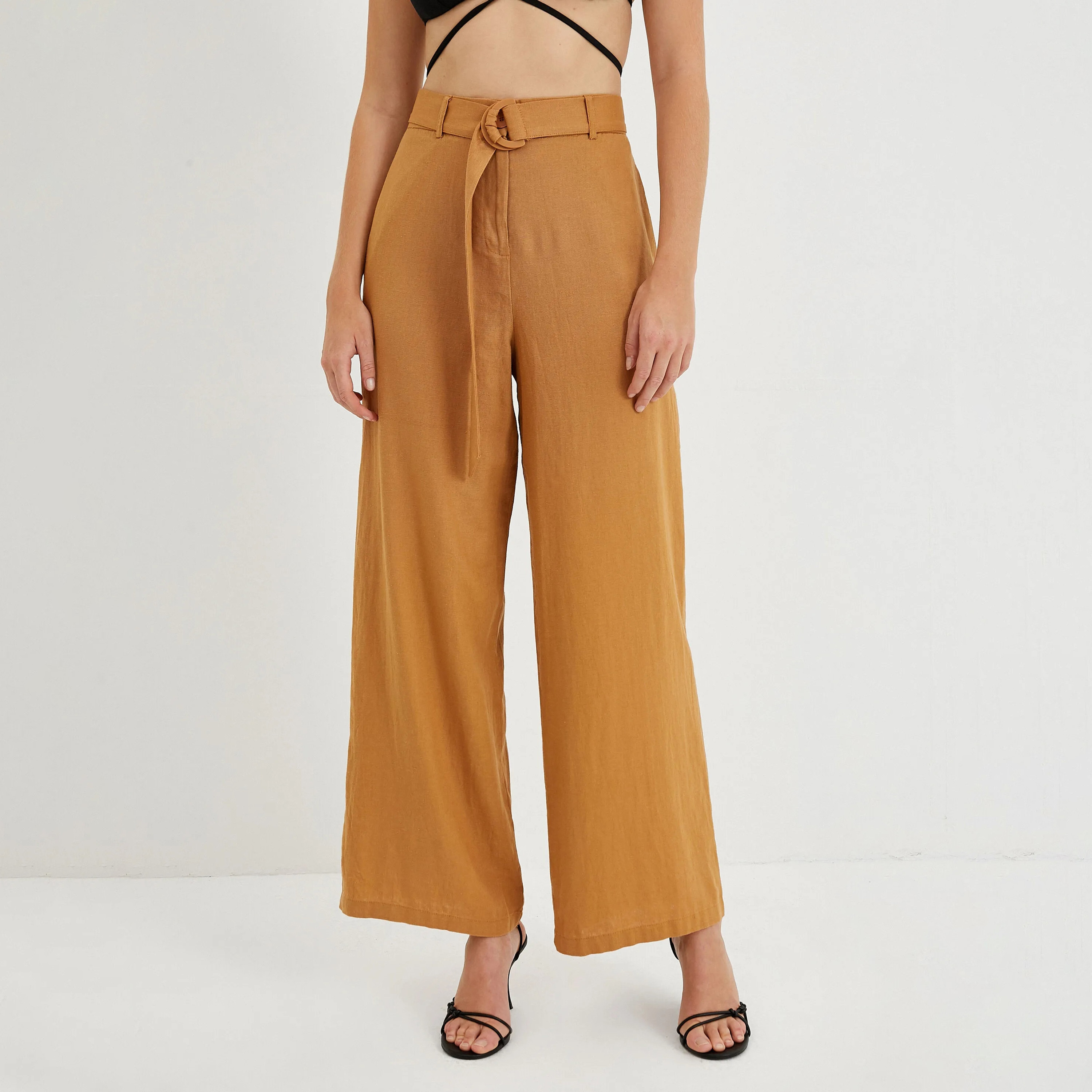 بنطال بقصة واسعة وخصر عالٍ مع سحاب وقصة عادية للنساء من كوتون-women-clothing-trousers-image-1