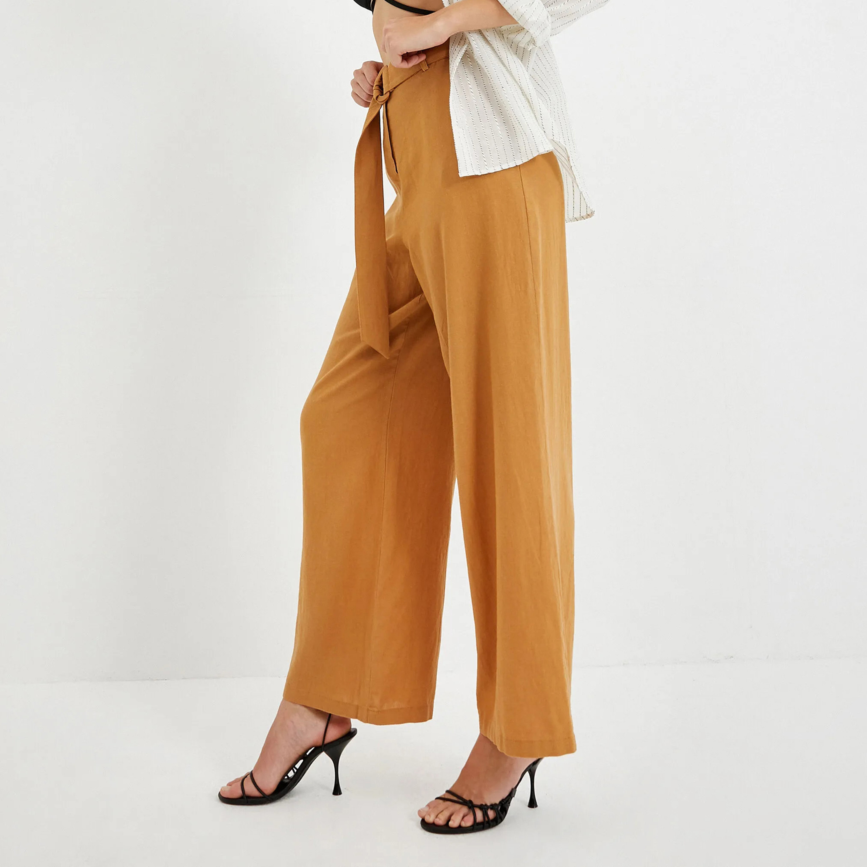 KOTON Regular Fit High-Rise Zip Fly Women's Wide Leg Linen Trousers-women-clothing-trousers-image-3