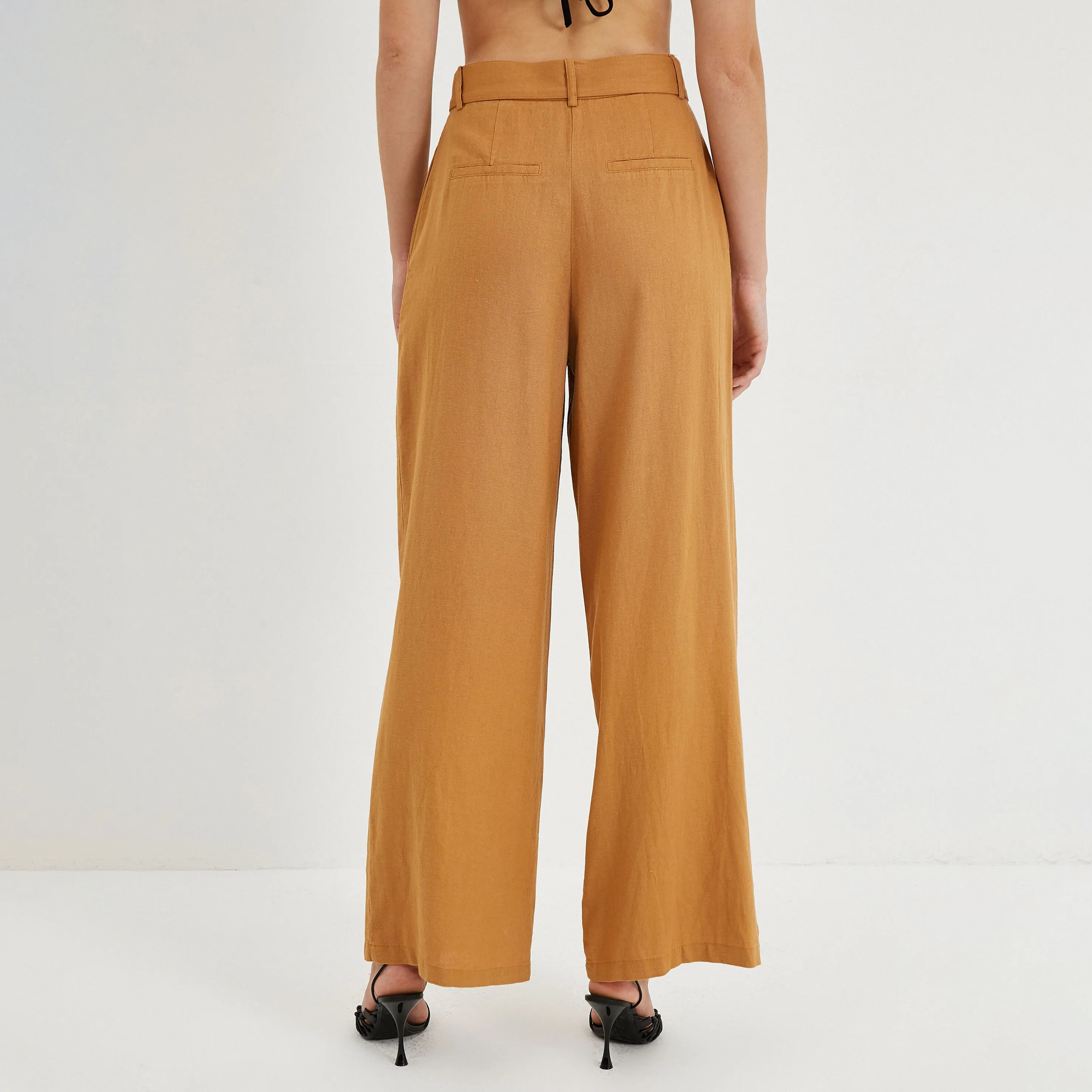 بنطال بقصة واسعة وخصر عالٍ مع سحاب وقصة عادية للنساء من كوتون-women-clothing-trousers-image-4