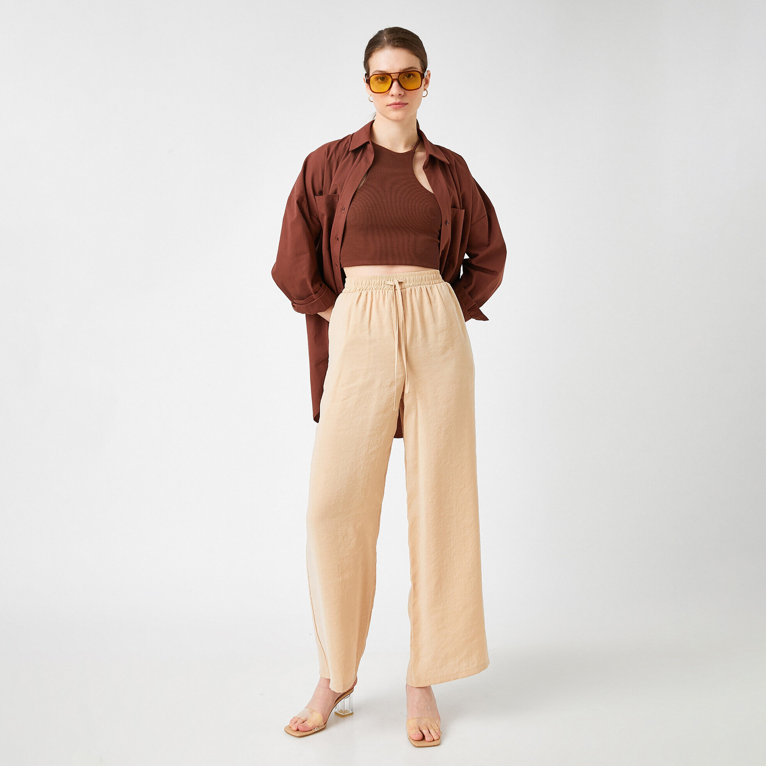 بنطال بأرجل مستقيمة وخصر عالٍ برباط وقصة عادية للنساء من كوتون-women-clothing-trousers-image-2