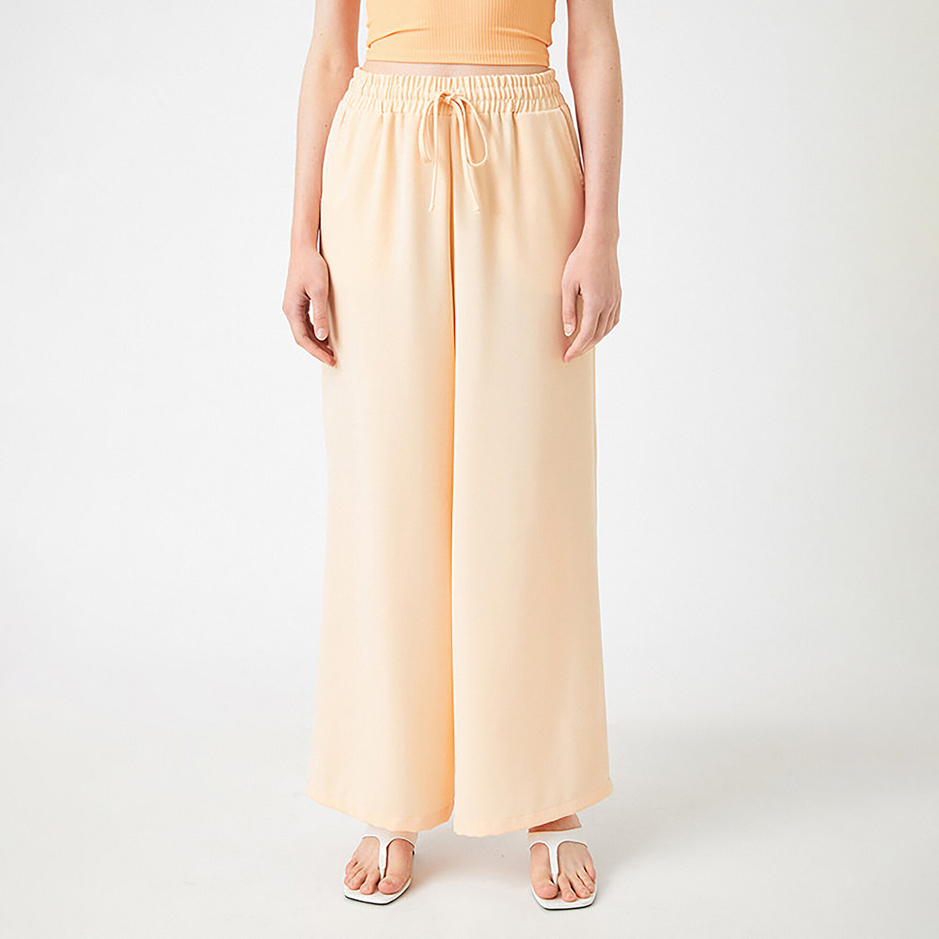 KOTON Regular Fit High-Rise Drawstring Waist Women's Wide Leg Trousers-women-clothing-trousers-image-1