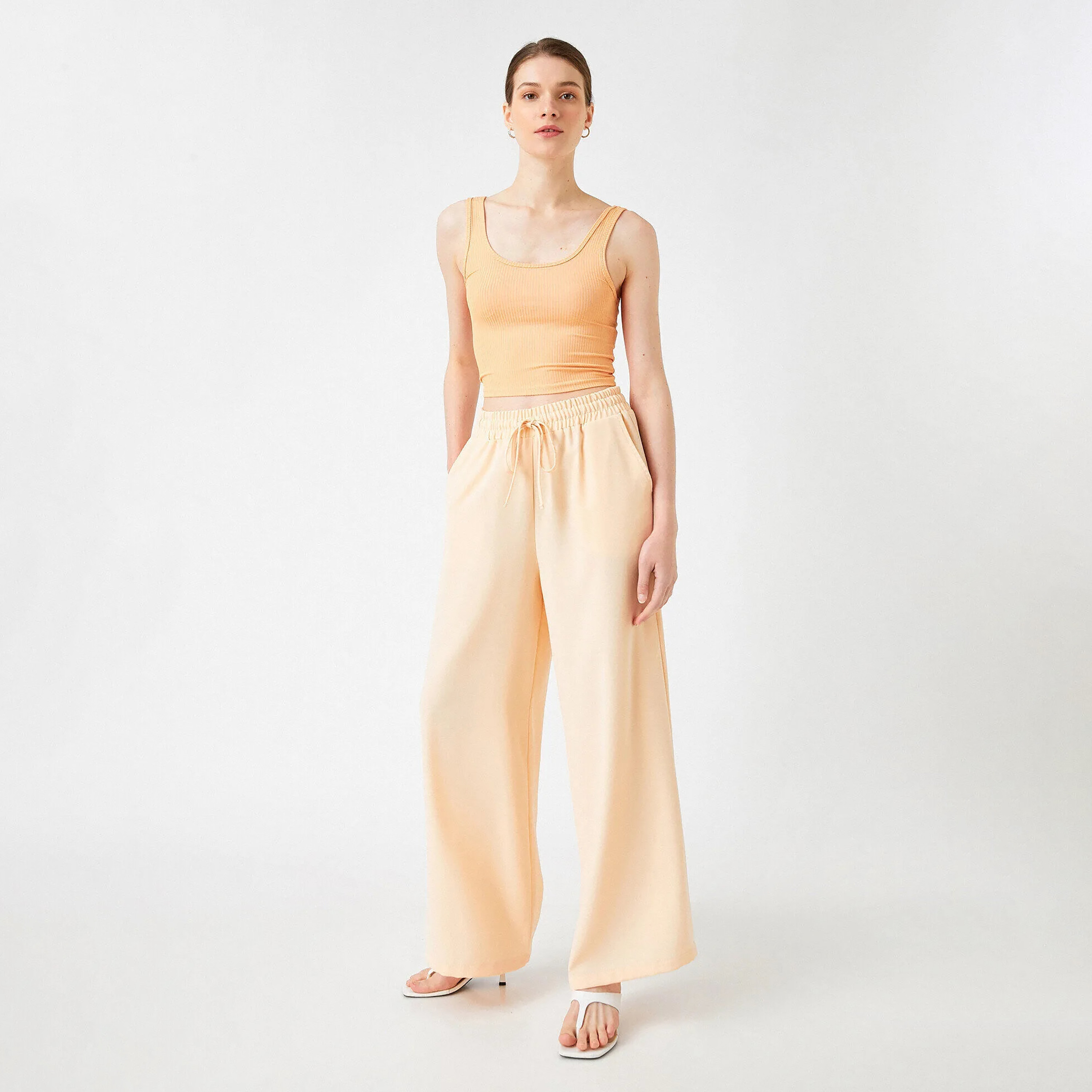 KOTON Regular Fit High-Rise Drawstring Waist Women's Wide Leg Trousers-women-clothing-trousers-image-2