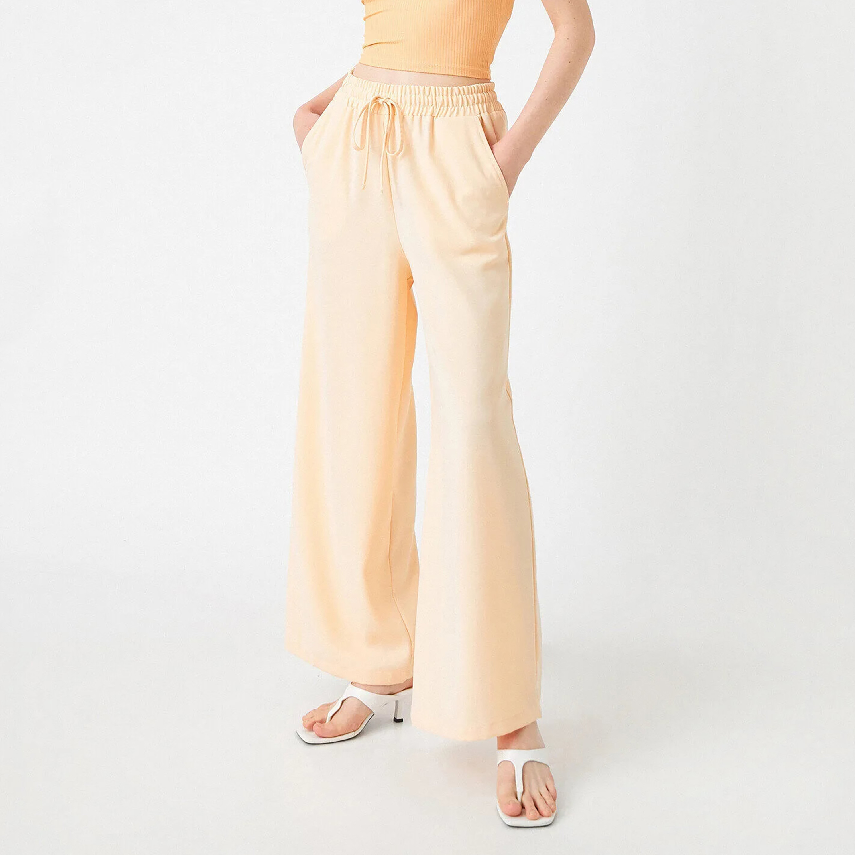 KOTON Regular Fit High-Rise Drawstring Waist Women's Wide Leg Trousers-women-clothing-trousers-image-3