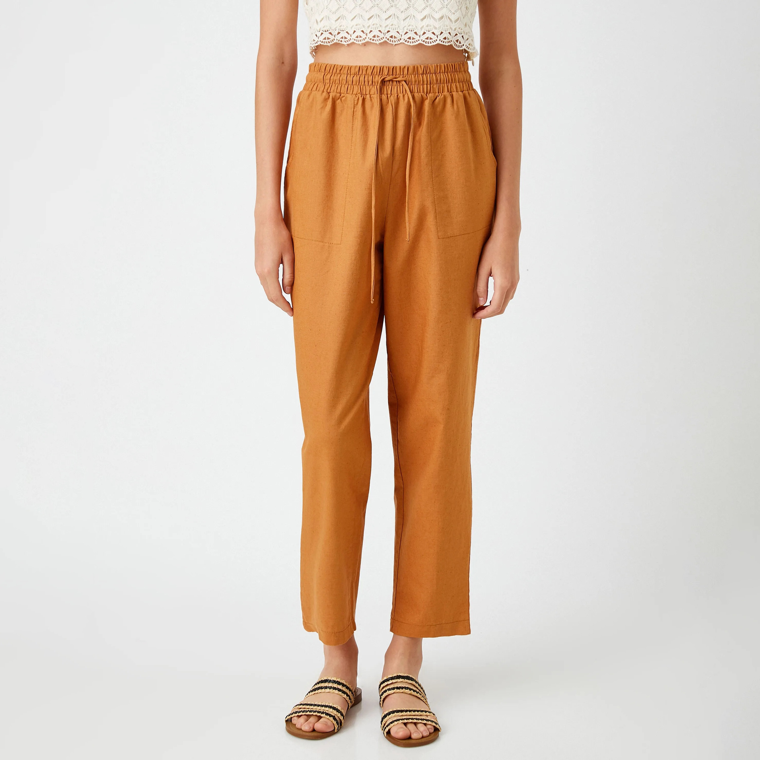 KOTON Regular Fit High-Rise Drawstring Waist Women's Tapered Leg Linen Trousers-women-clothing-trousers-image-1