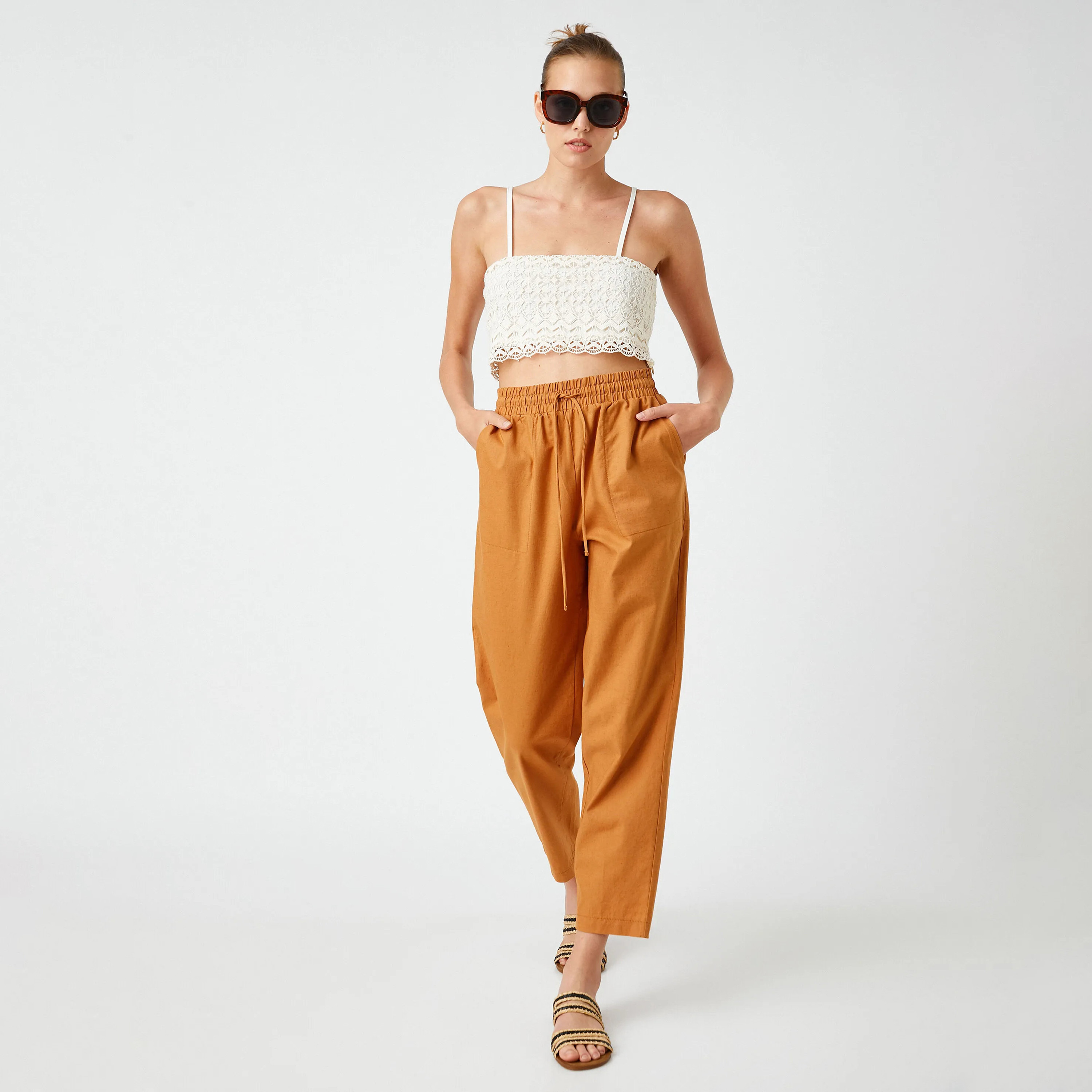 KOTON Regular Fit High-Rise Drawstring Waist Women's Tapered Leg Linen Trousers-women-clothing-trousers-image-2