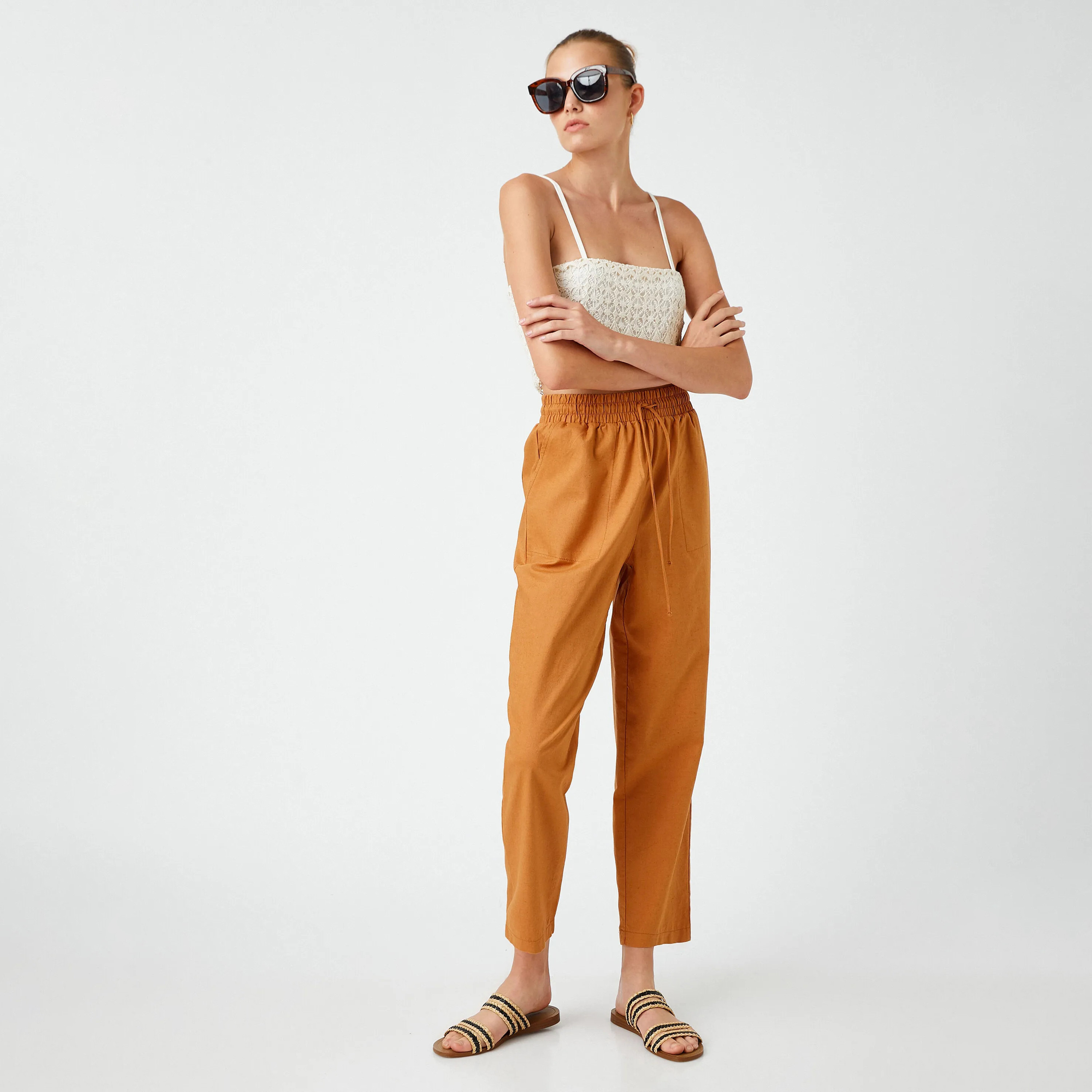 KOTON Regular Fit High-Rise Drawstring Waist Women's Tapered Leg Linen Trousers-women-clothing-trousers-image-3