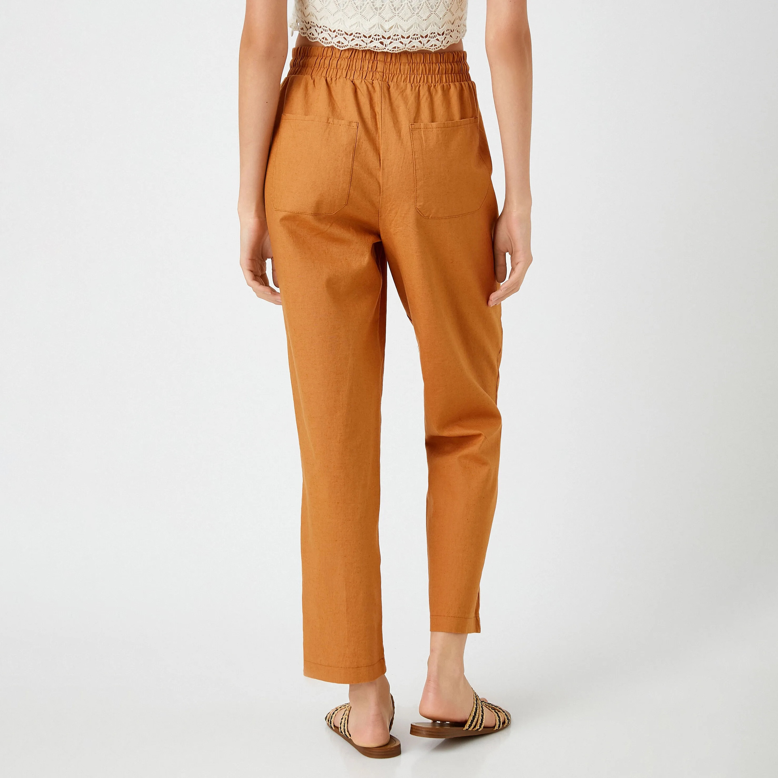 KOTON Regular Fit High-Rise Drawstring Waist Women's Tapered Leg Linen Trousers-women-clothing-trousers-image-4