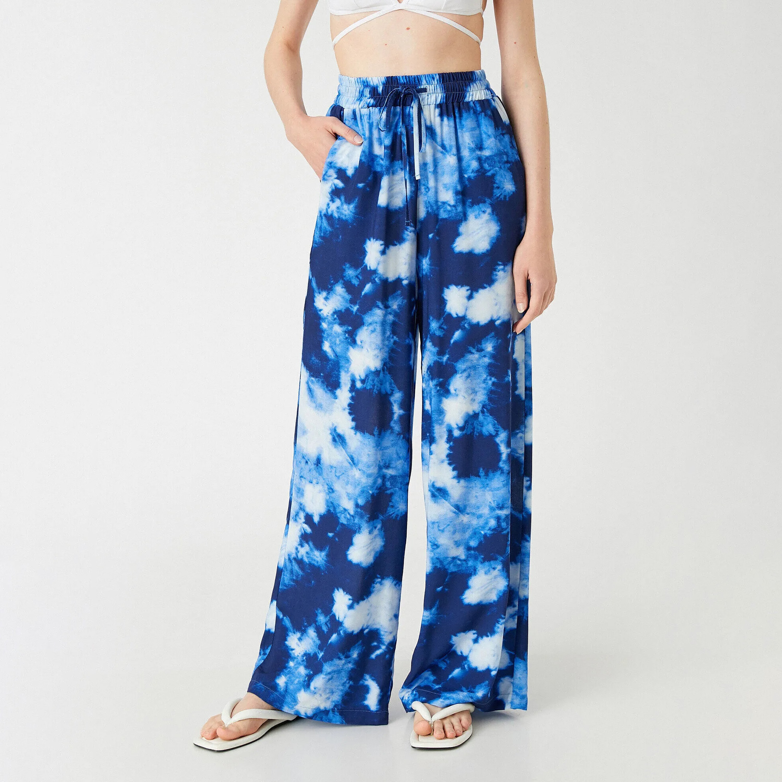 KOTON Regular Fit High-Rise Drawstring Waist Women's Wide Leg Trousers-women-clothing-trousers-image-1