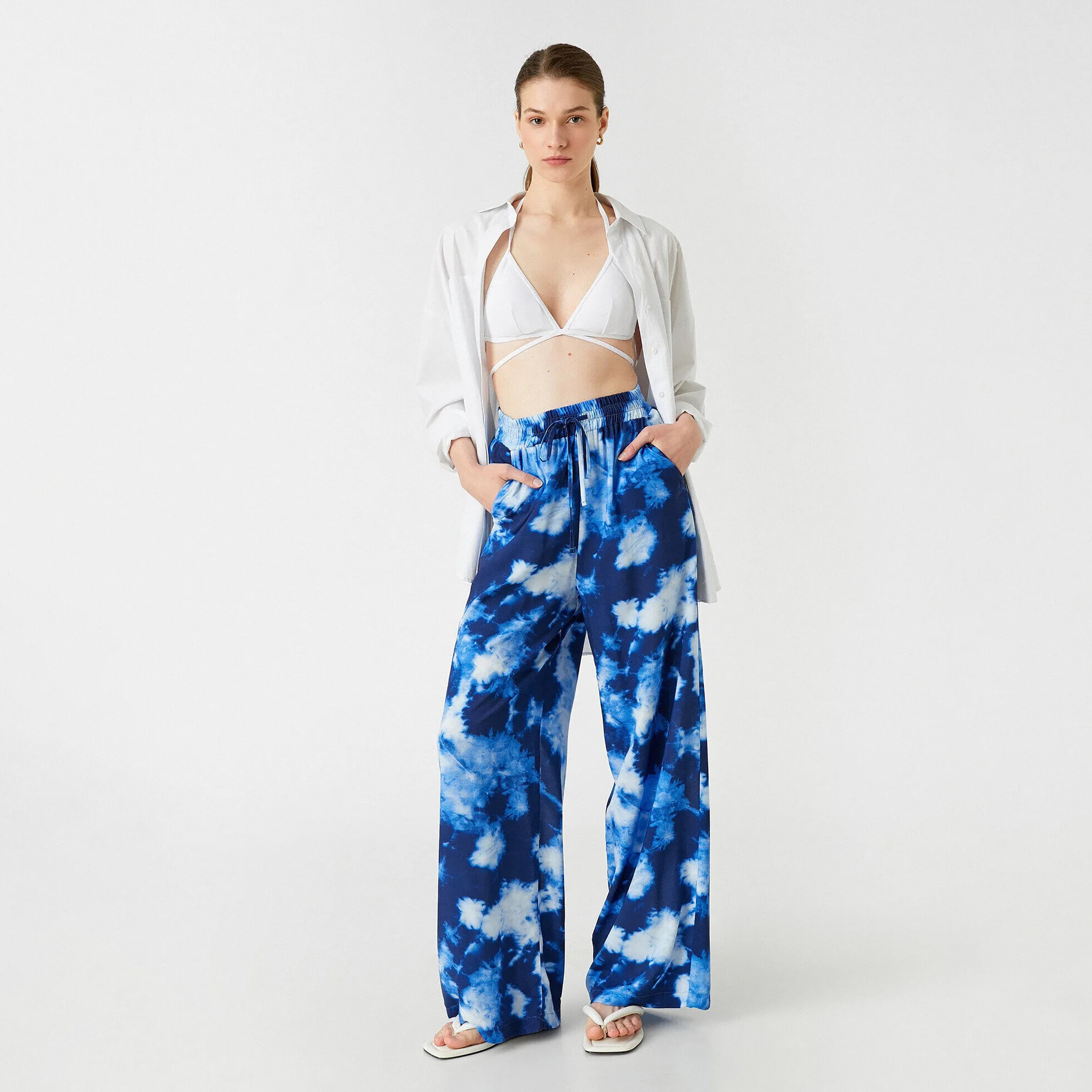 بنطال بقصة واسعة وخصر عالٍ برباط وقصة عادية للنساء من كوتون-women-clothing-trousers-image-2