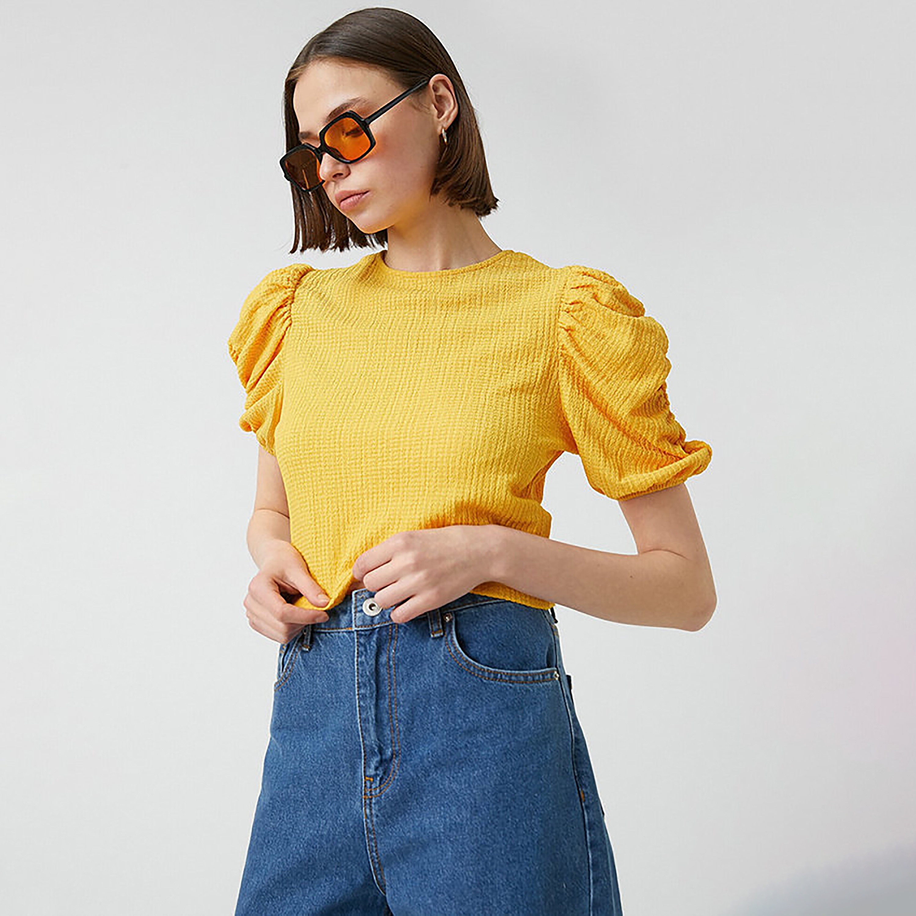 KOTON Yellow Textured Puff Sleeves Women's Top-women-clothing-shirtsandblouses-blouses-image-1