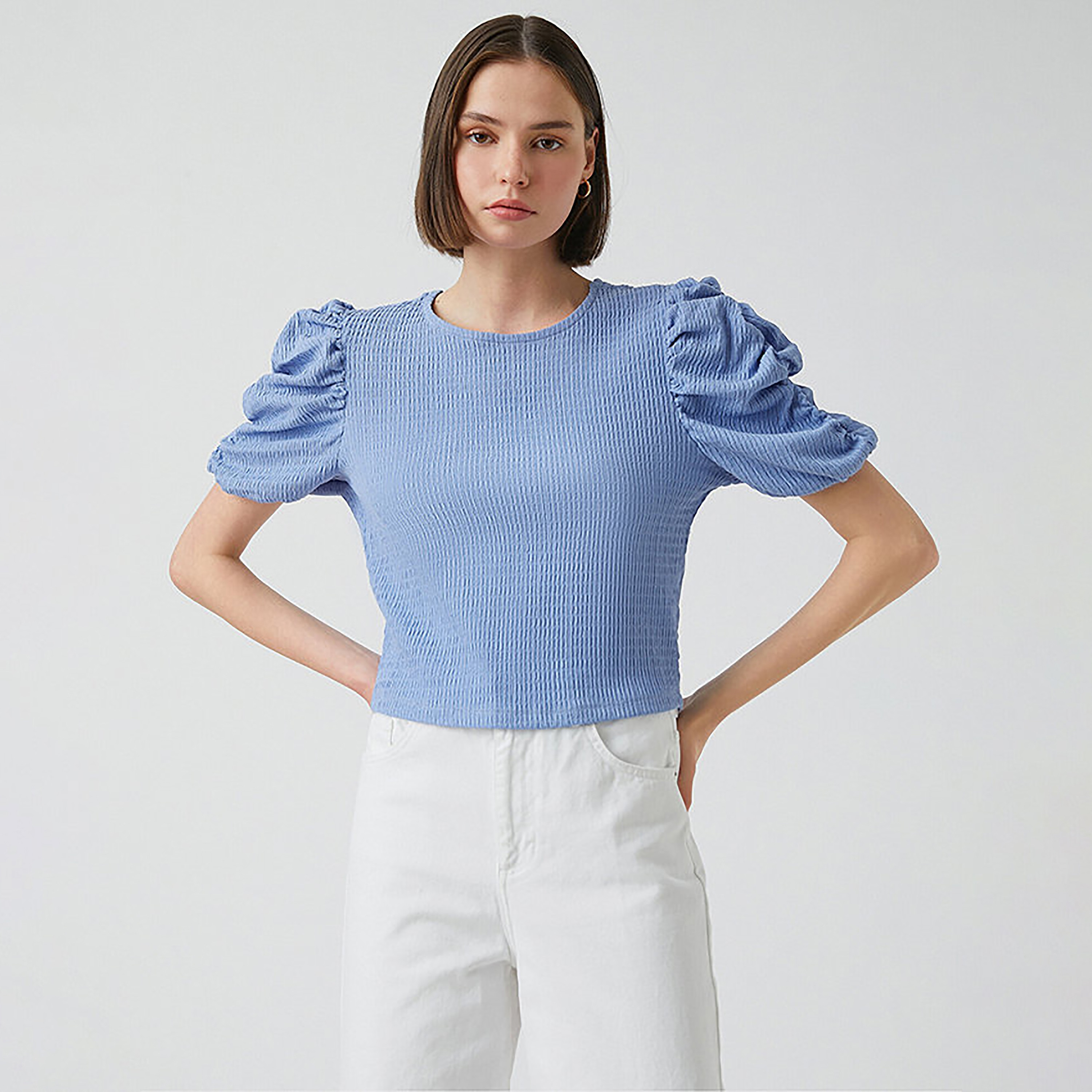 KOTON Blue Textured Puff Sleeves Women's Top-women-clothing-shirtsandblouses-blouses-image-1