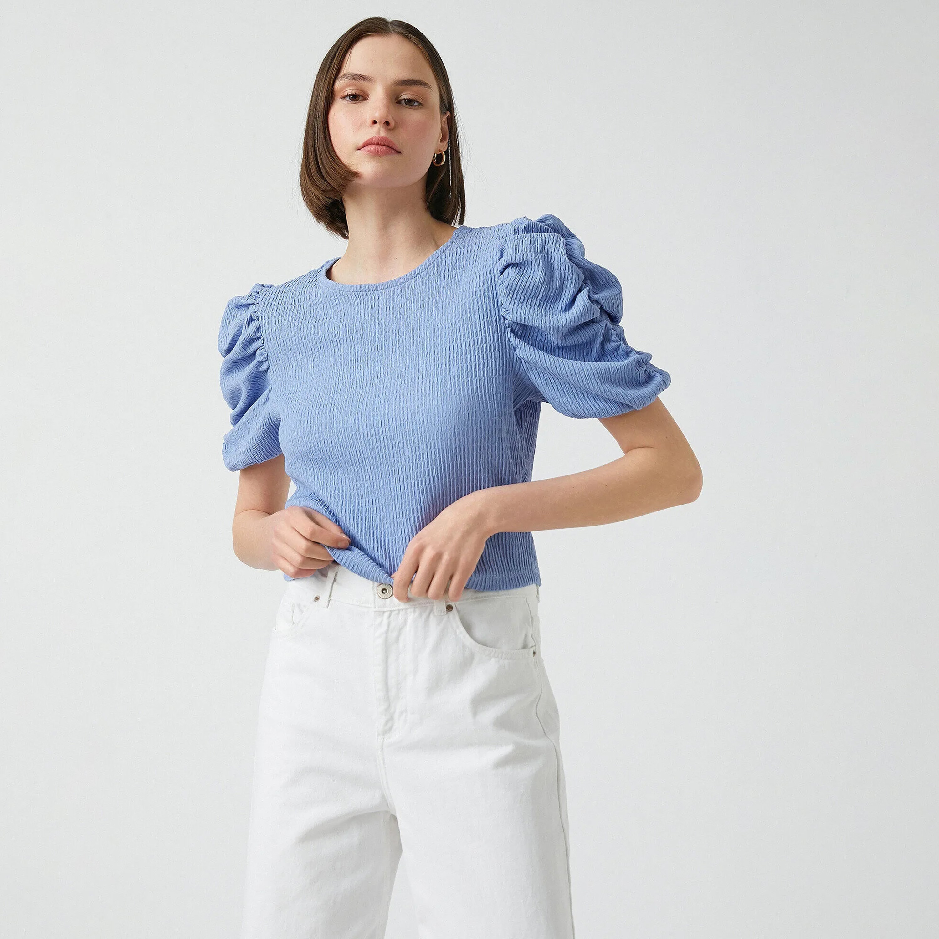 KOTON Blue Textured Puff Sleeves Women's Top-women-clothing-shirtsandblouses-blouses-image-2