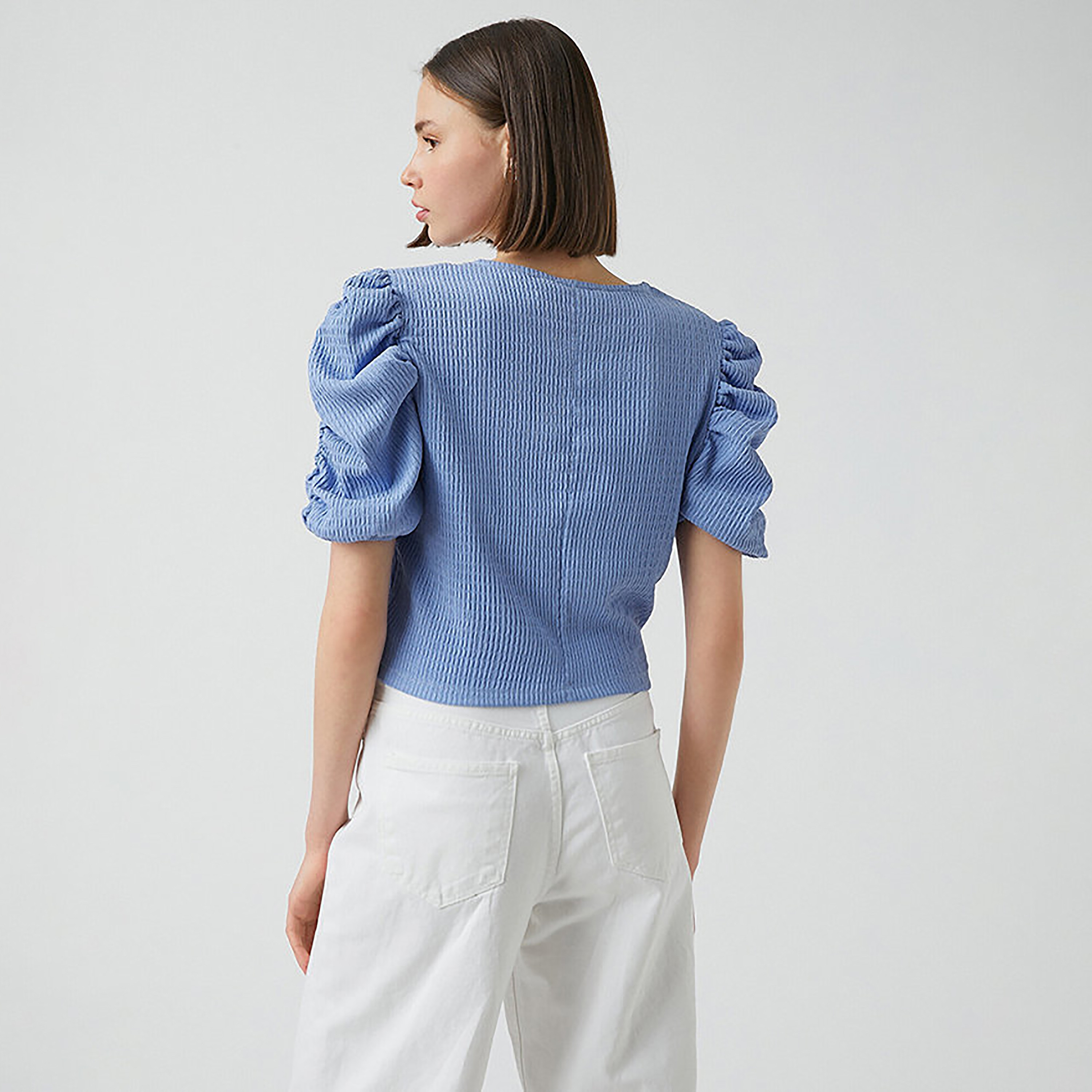 KOTON Blue Textured Puff Sleeves Women's Top-women-clothing-shirtsandblouses-blouses-image-3