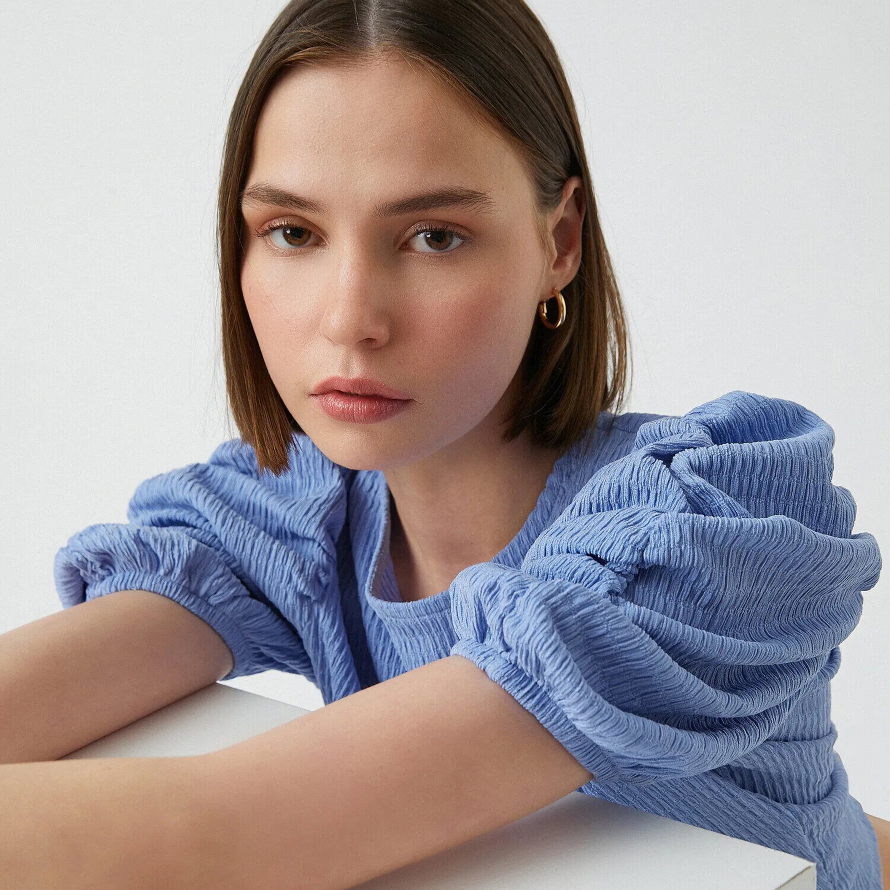 KOTON Blue Textured Puff Sleeves Women's Top-women-clothing-shirtsandblouses-blouses-image-4