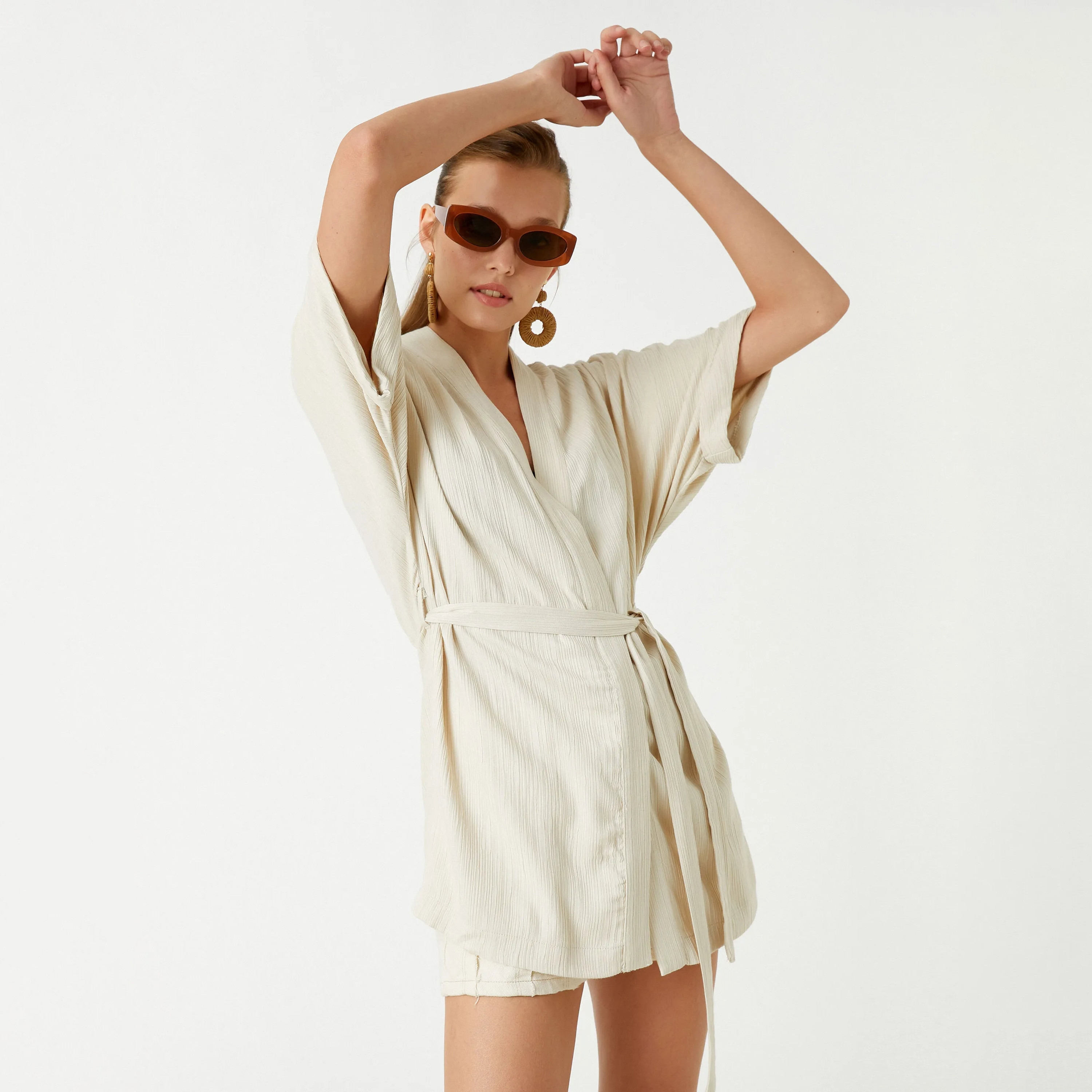 KOTON Cream Textured Women's Kimono-women-clothing-shirtsandblouses-blouses-image-1