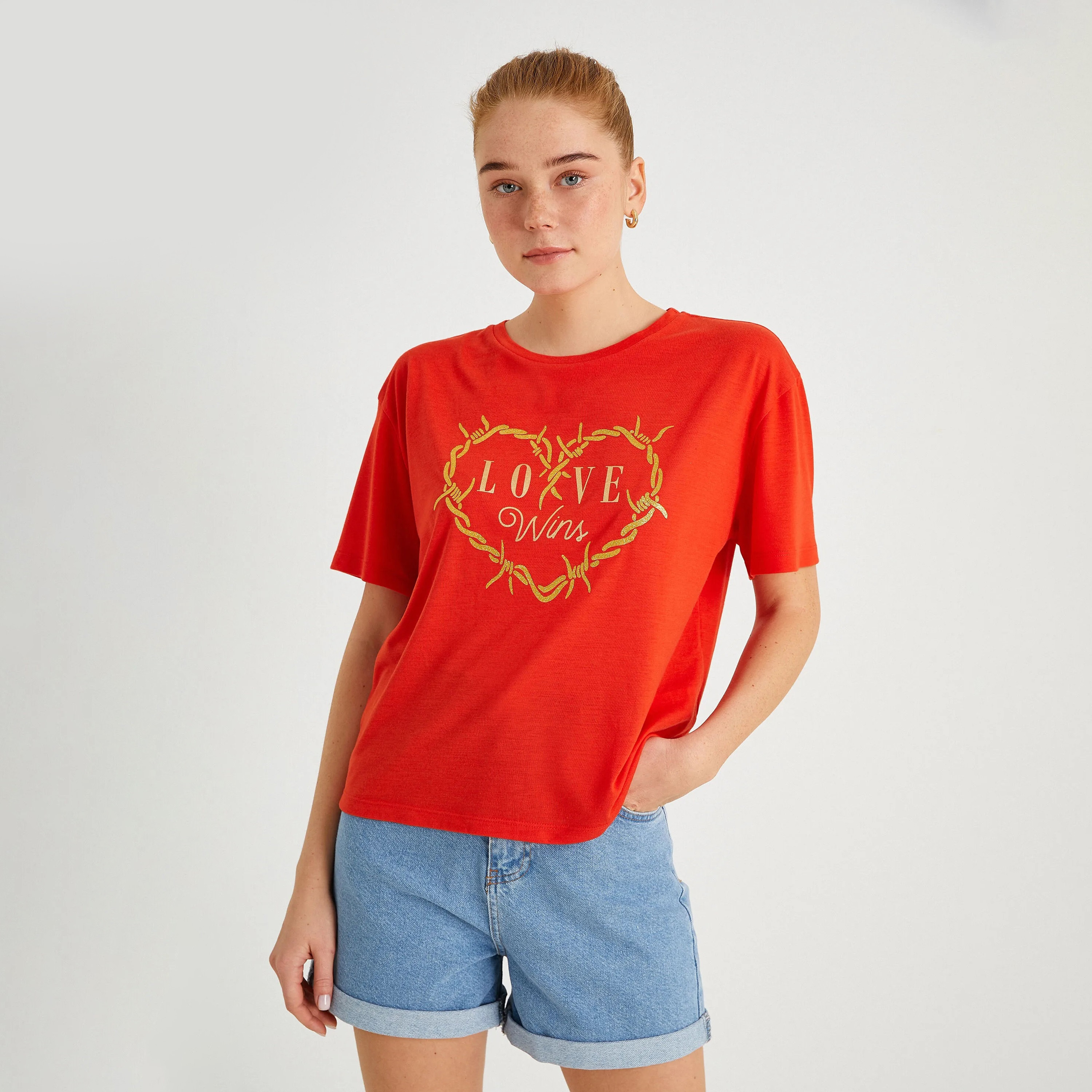 KOTON Red Graphic Print Women's T-Shirt-women-clothing-tshirts-image-1