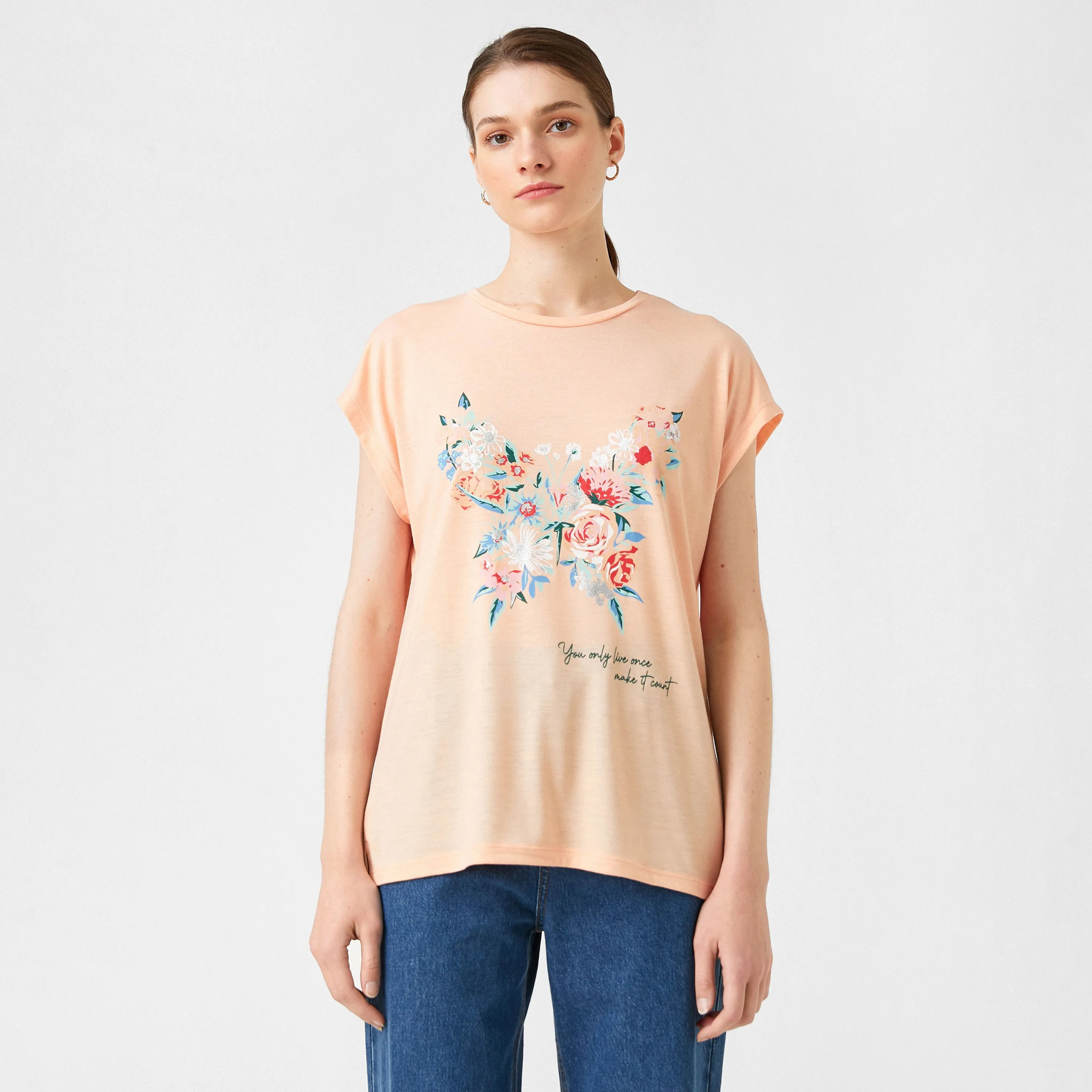 KOTON Peach Floral Print Women's T-Shirt-women-clothing-tshirts-image-1