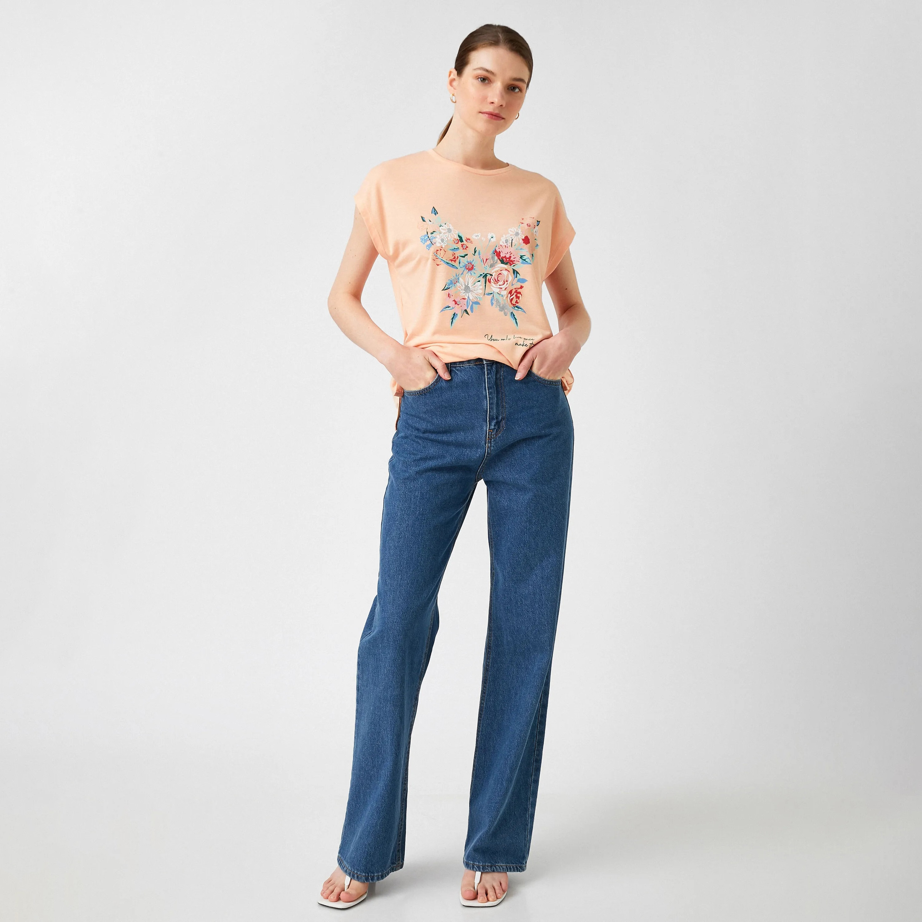 KOTON Peach Floral Print Women's T-Shirt-women-clothing-tshirts-image-2