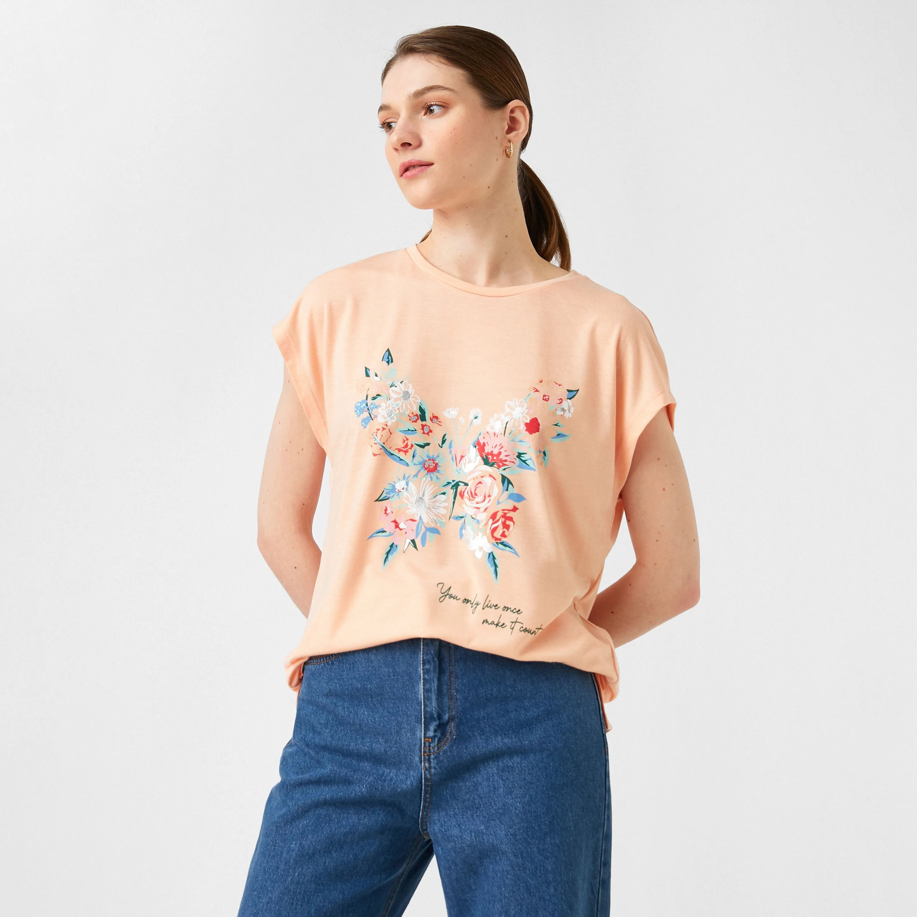 KOTON Peach Floral Print Women's T-Shirt-women-clothing-tshirts-image-5