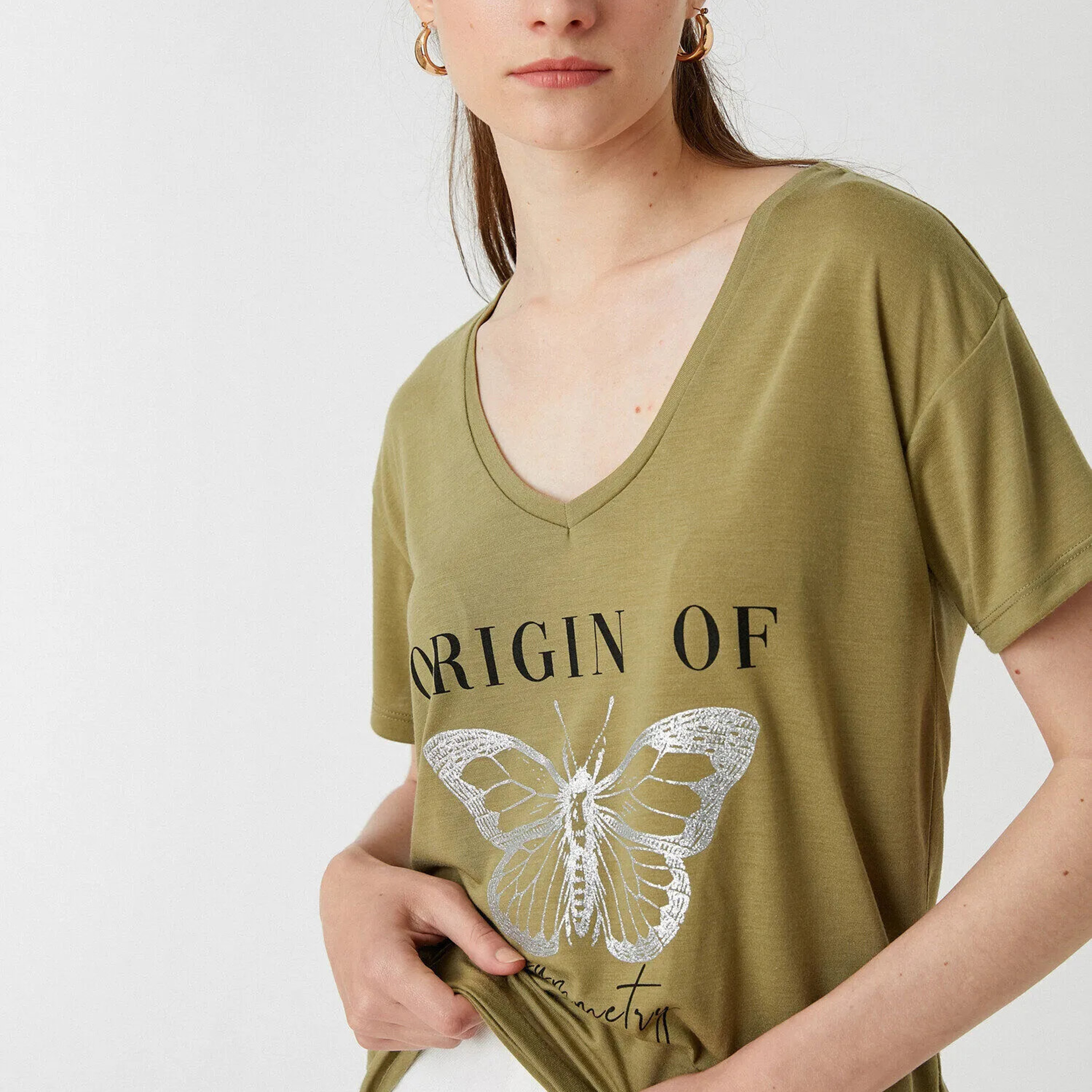 KOTON Khaki Graphic Butterfly Print Women's T-Shirt-women-clothing-tshirts-image-4