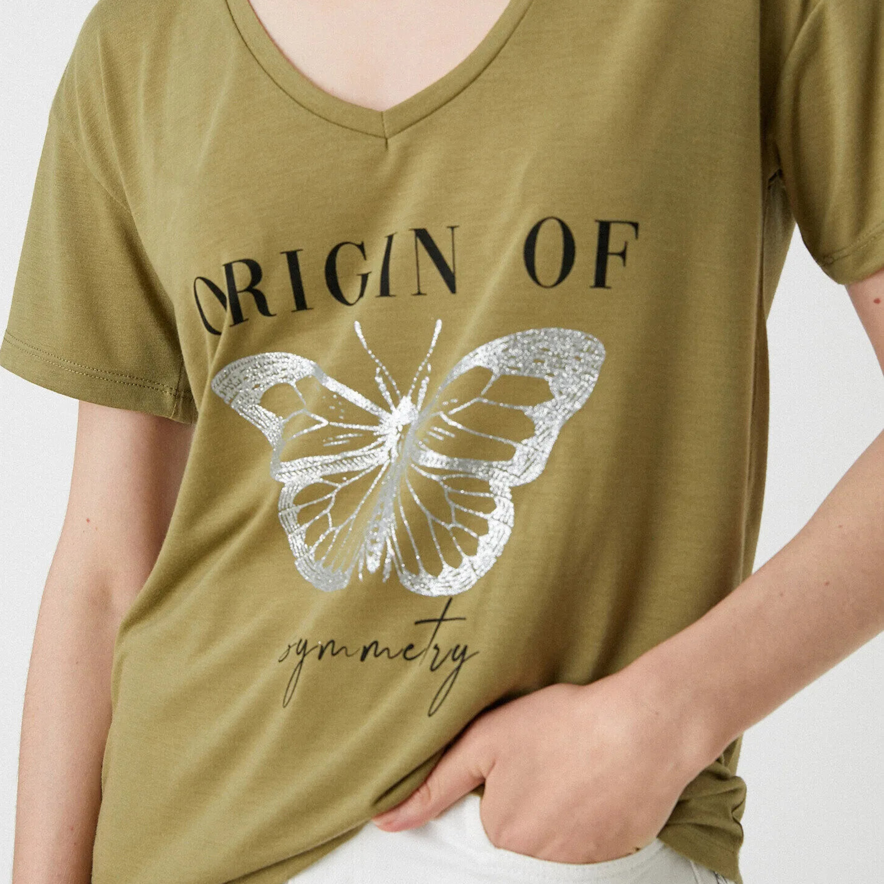 KOTON Khaki Graphic Butterfly Print Women's T-Shirt-women-clothing-tshirts-image-5