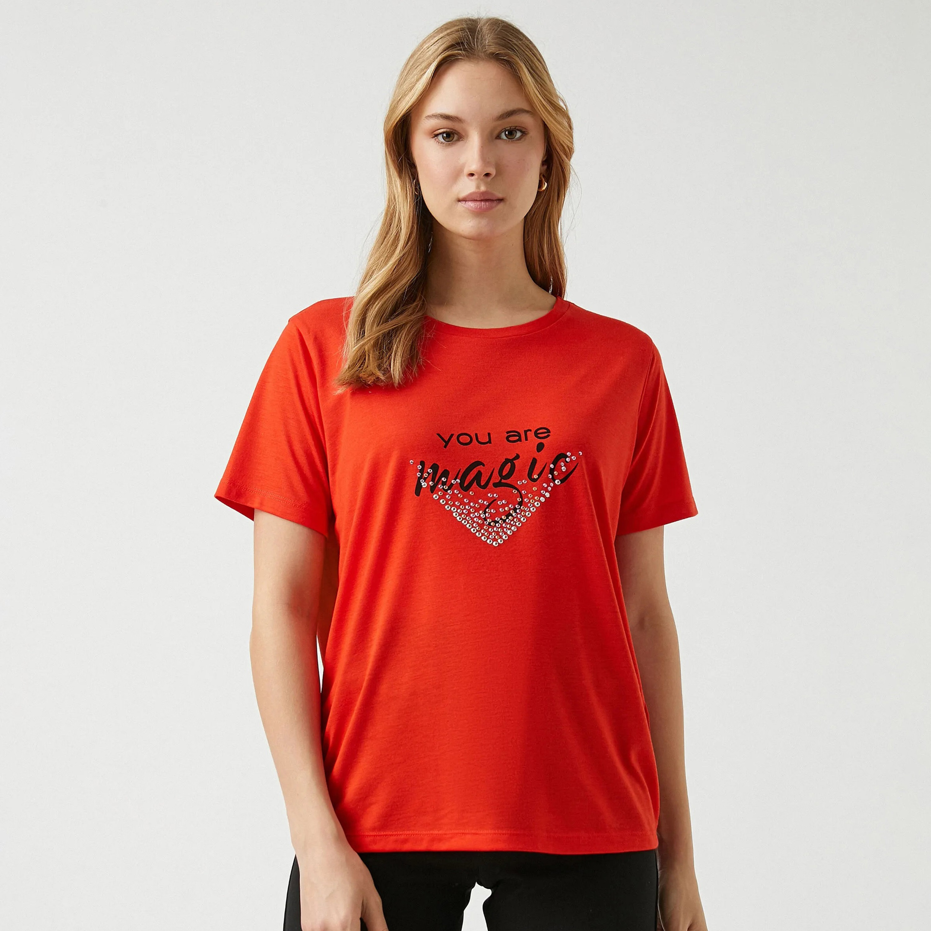 KOTON Red Embellished with Text Print Women's T-Shirt-women-clothing-tshirts-image-1