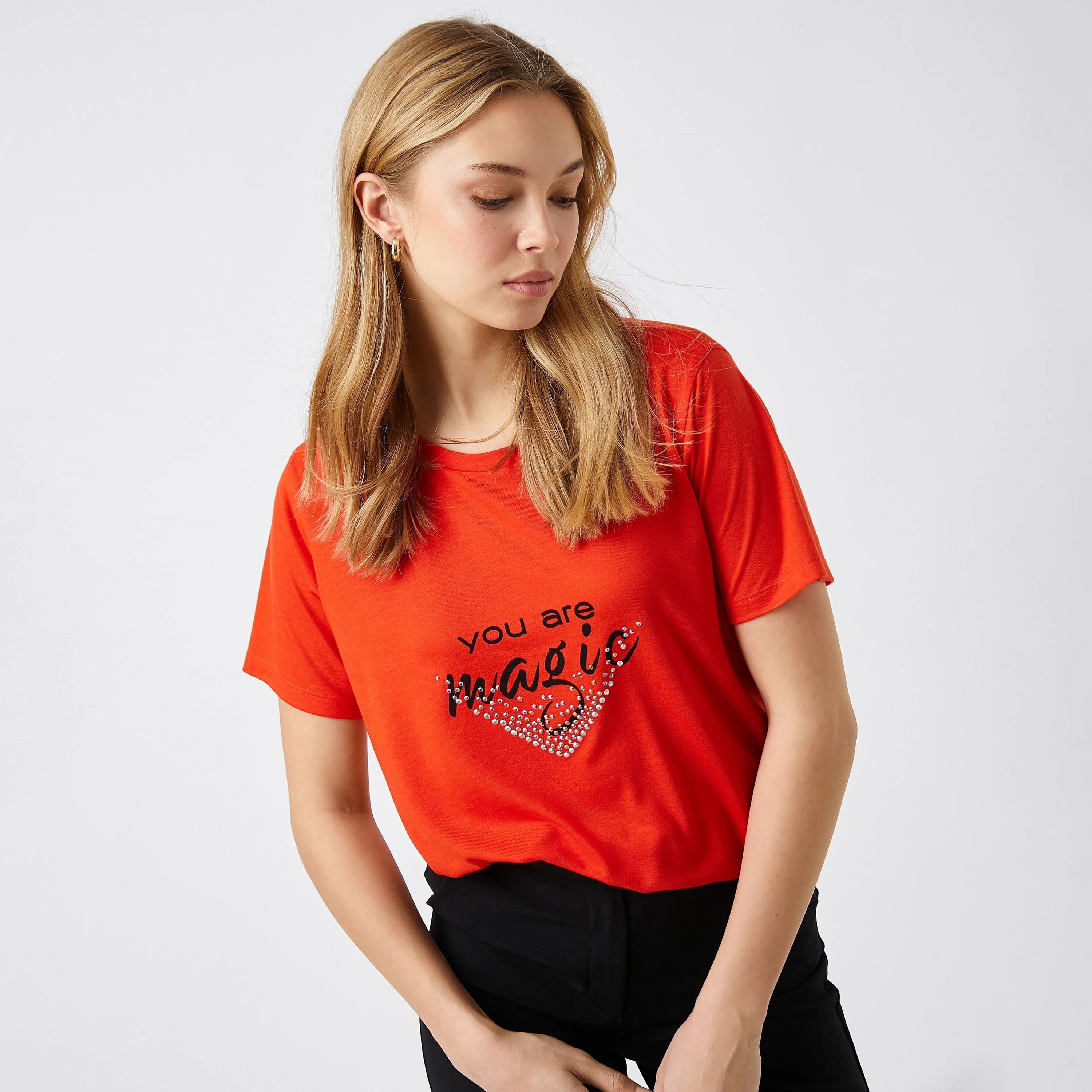 KOTON Red Embellished with Text Print Women's T-Shirt-women-clothing-tshirts-image-4