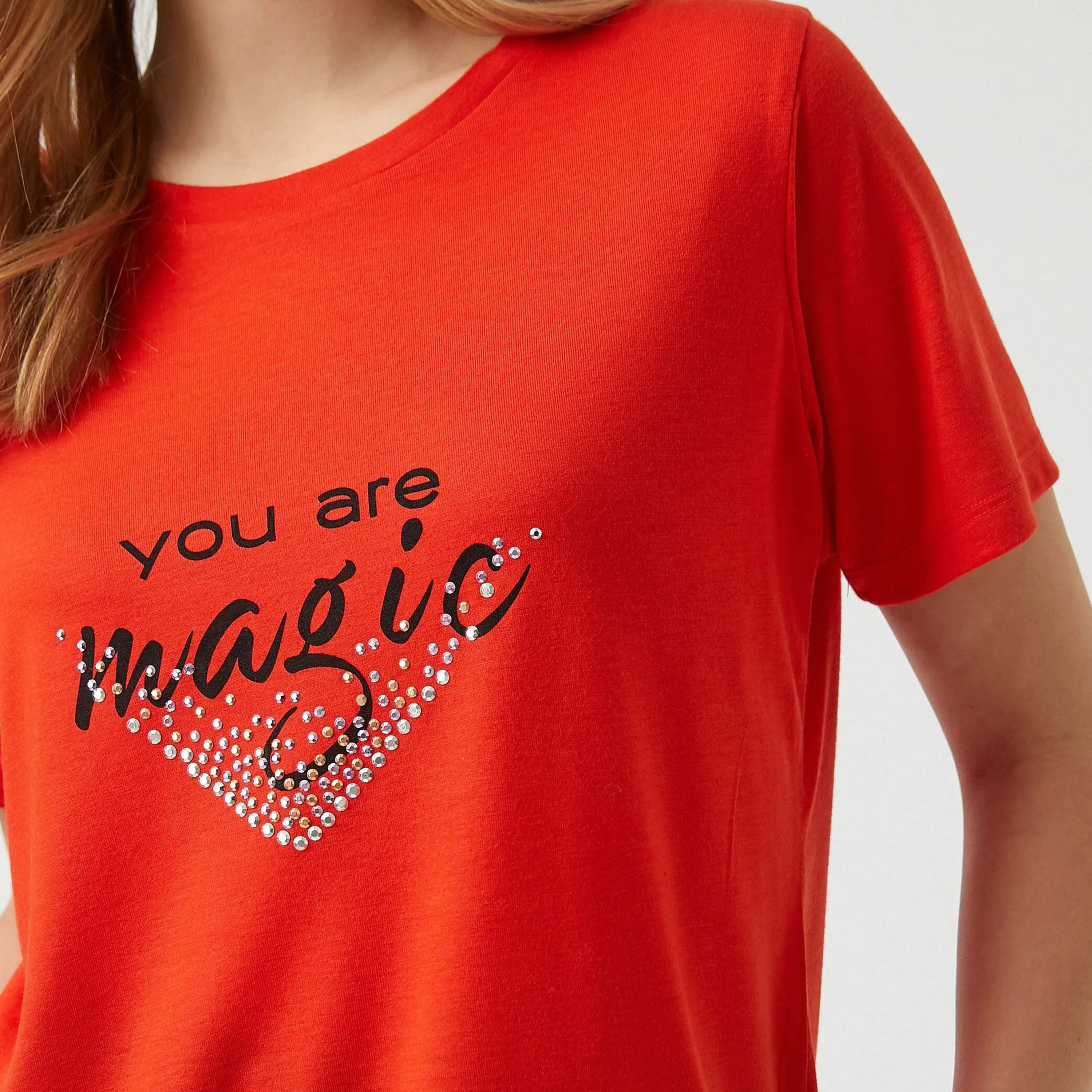 KOTON Red Embellished with Text Print Women's T-Shirt-women-clothing-tshirts-image-5