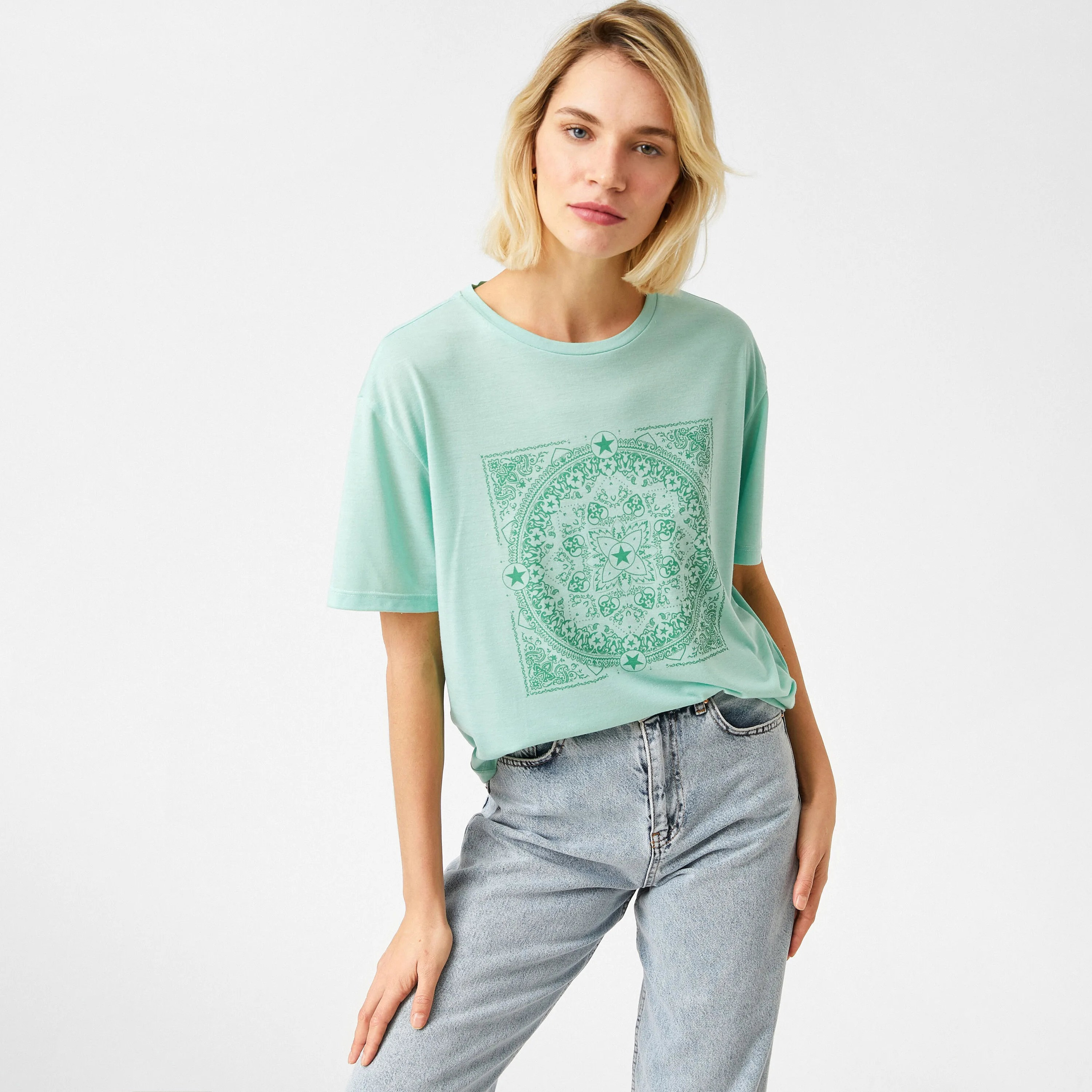 تيشرت بطبعة الماندالا باللون الأخضر للنساء من كوتون-women-clothing-tshirts-image-2