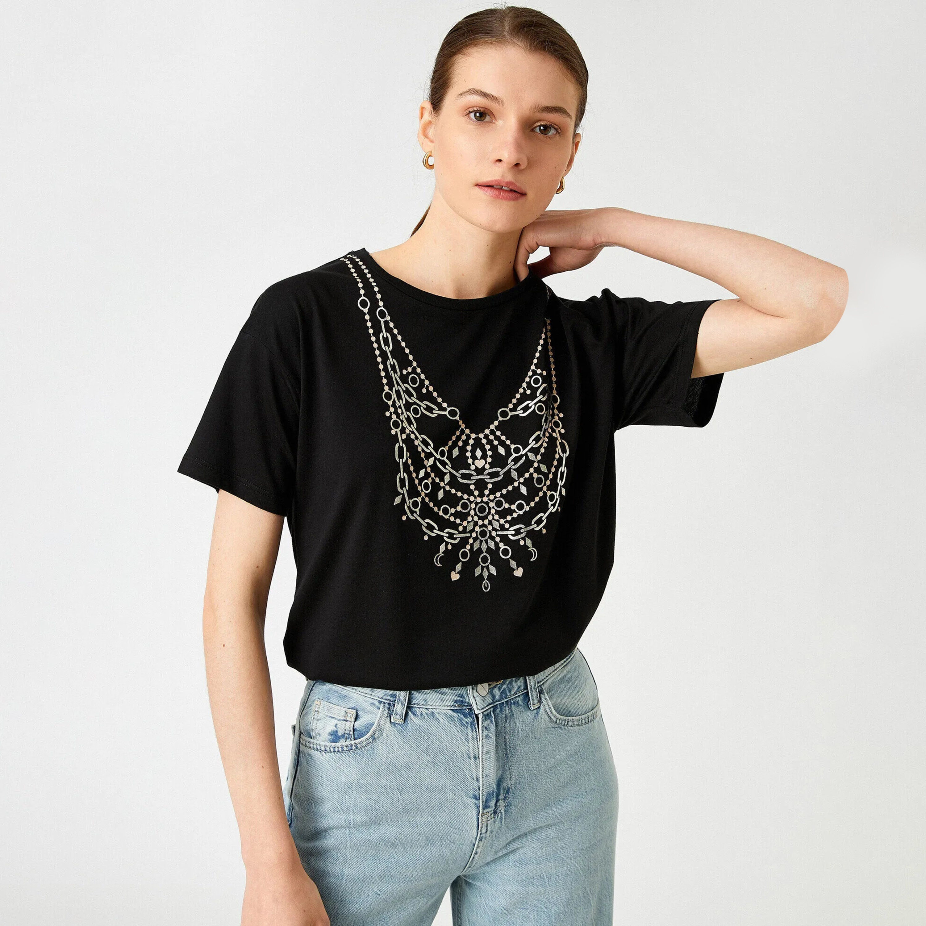 KOTON Black Graphic Print Women's T-Shirt-women-clothing-tshirts-image-2