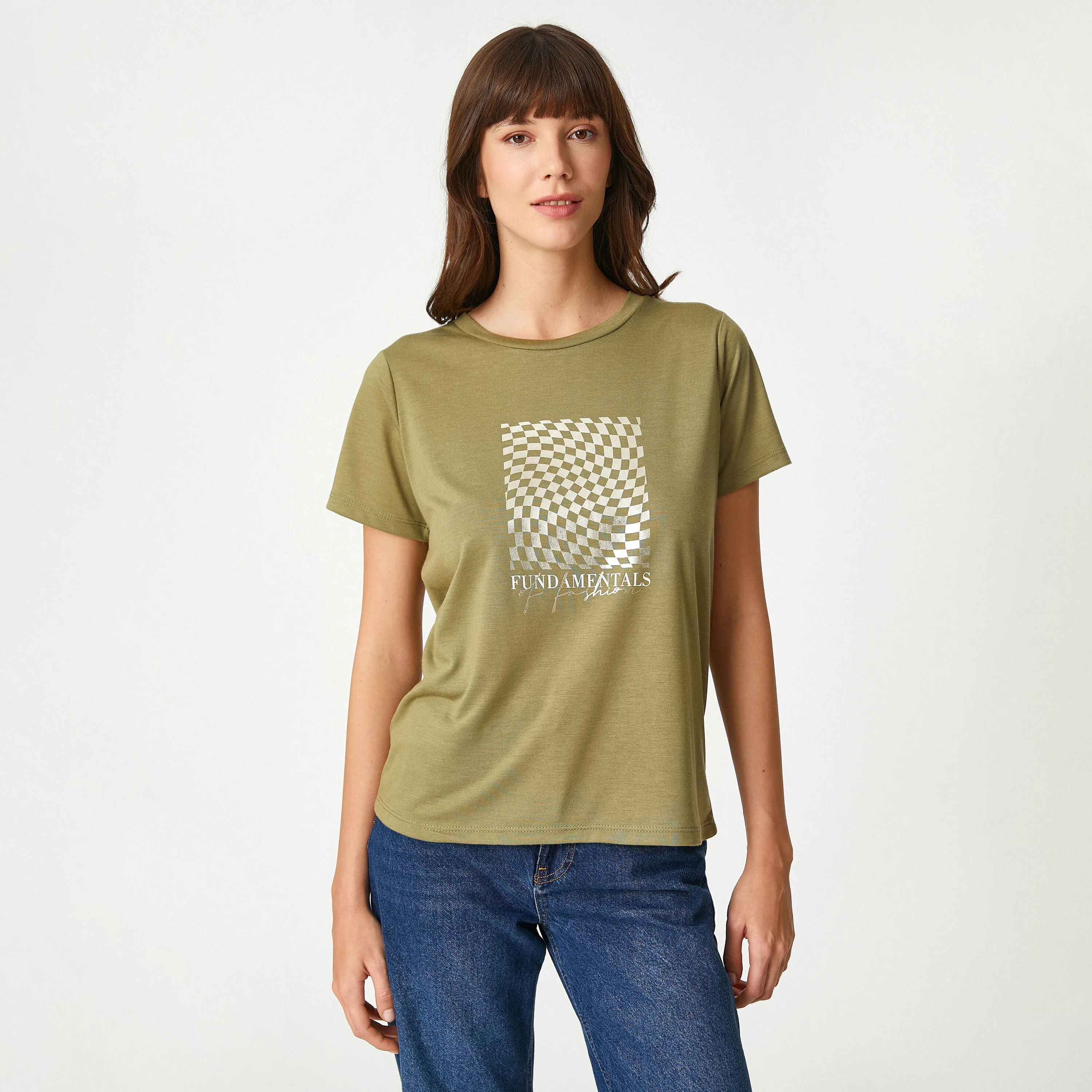 KOTON Khaki Checkerboard Graphic Print Women's T-Shirt-women-clothing-tshirts-image-1