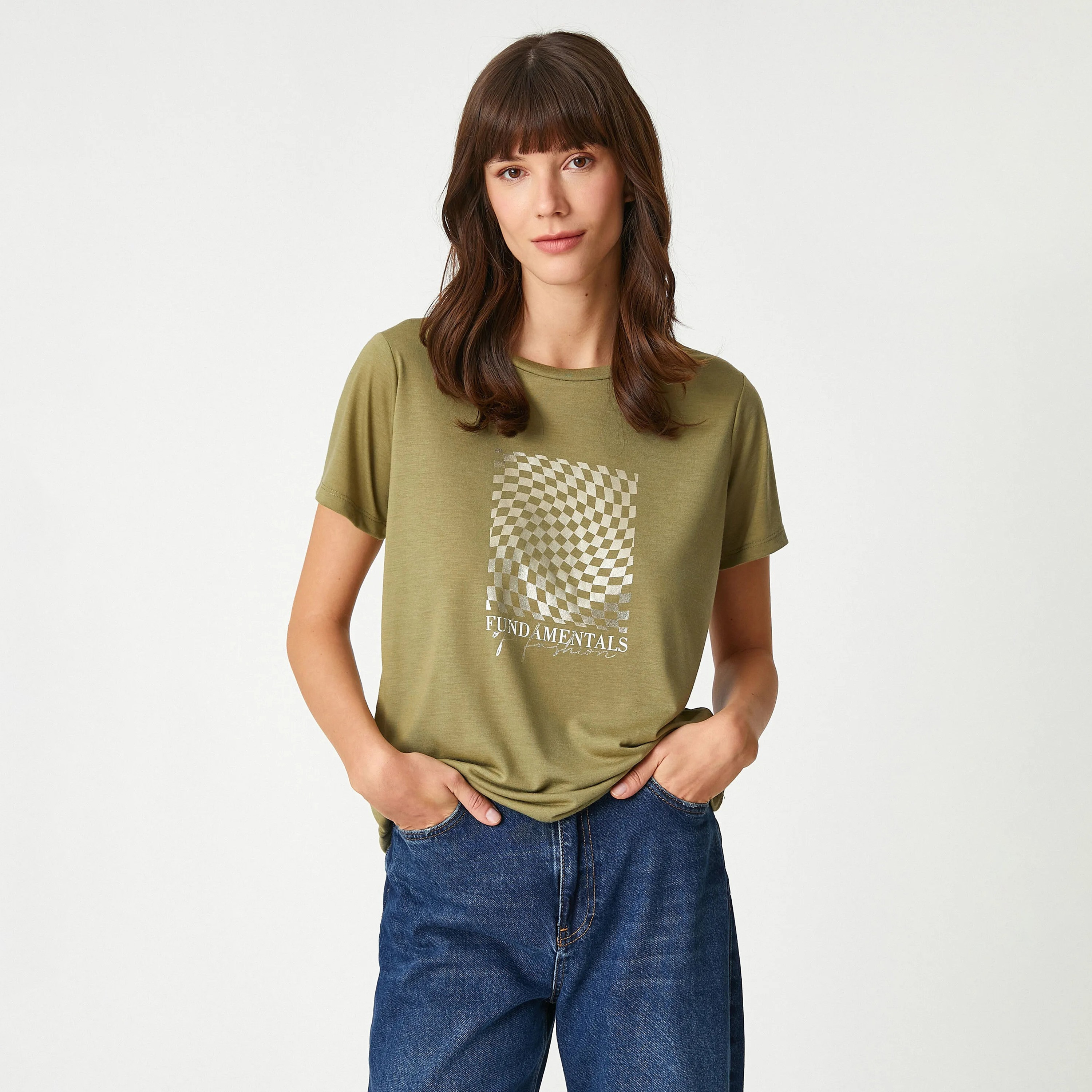 KOTON Khaki Checkerboard Graphic Print Women's T-Shirt-women-clothing-tshirts-image-2
