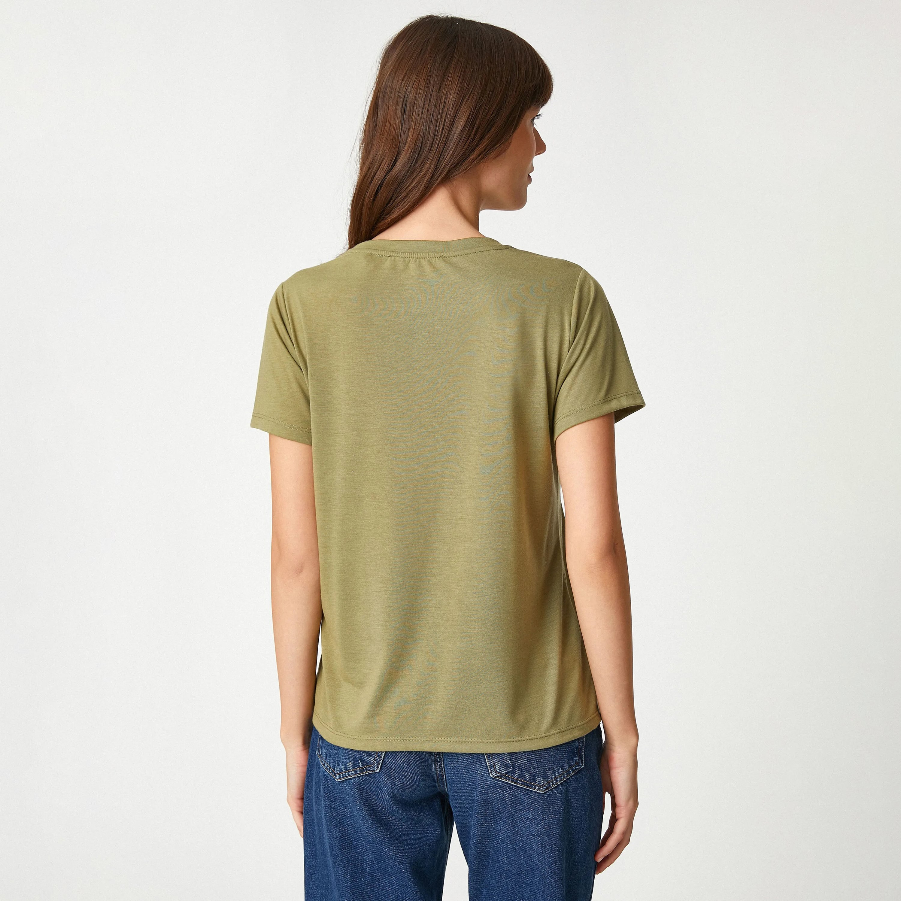 تيشرت بطبعة جرافيك ورقعة الشطرنج باللون الكاكي للنساء من كوتون-women-clothing-tshirts-image-3