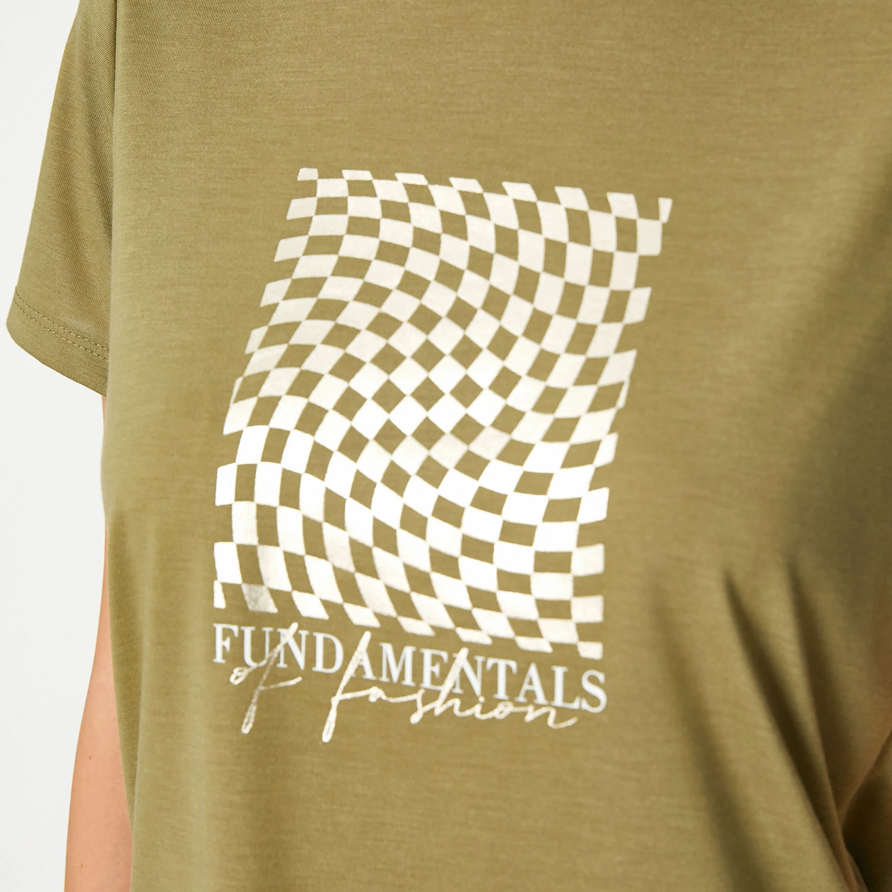KOTON Khaki Checkerboard Graphic Print Women's T-Shirt-women-clothing-tshirts-image-5