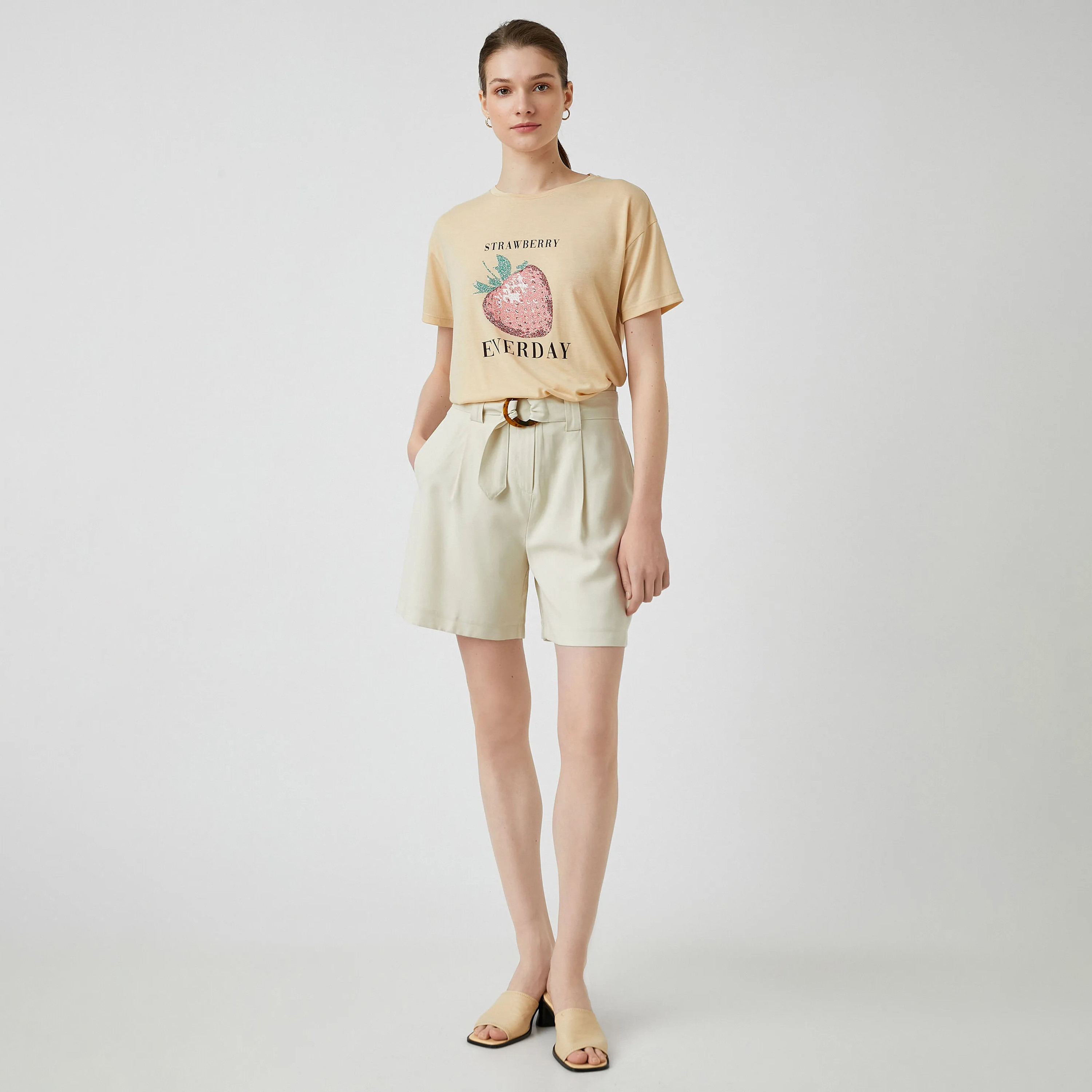 KOTON Beige Graphic Strawberry Print Women's T-Shirt-women-clothing-tshirts-image-2
