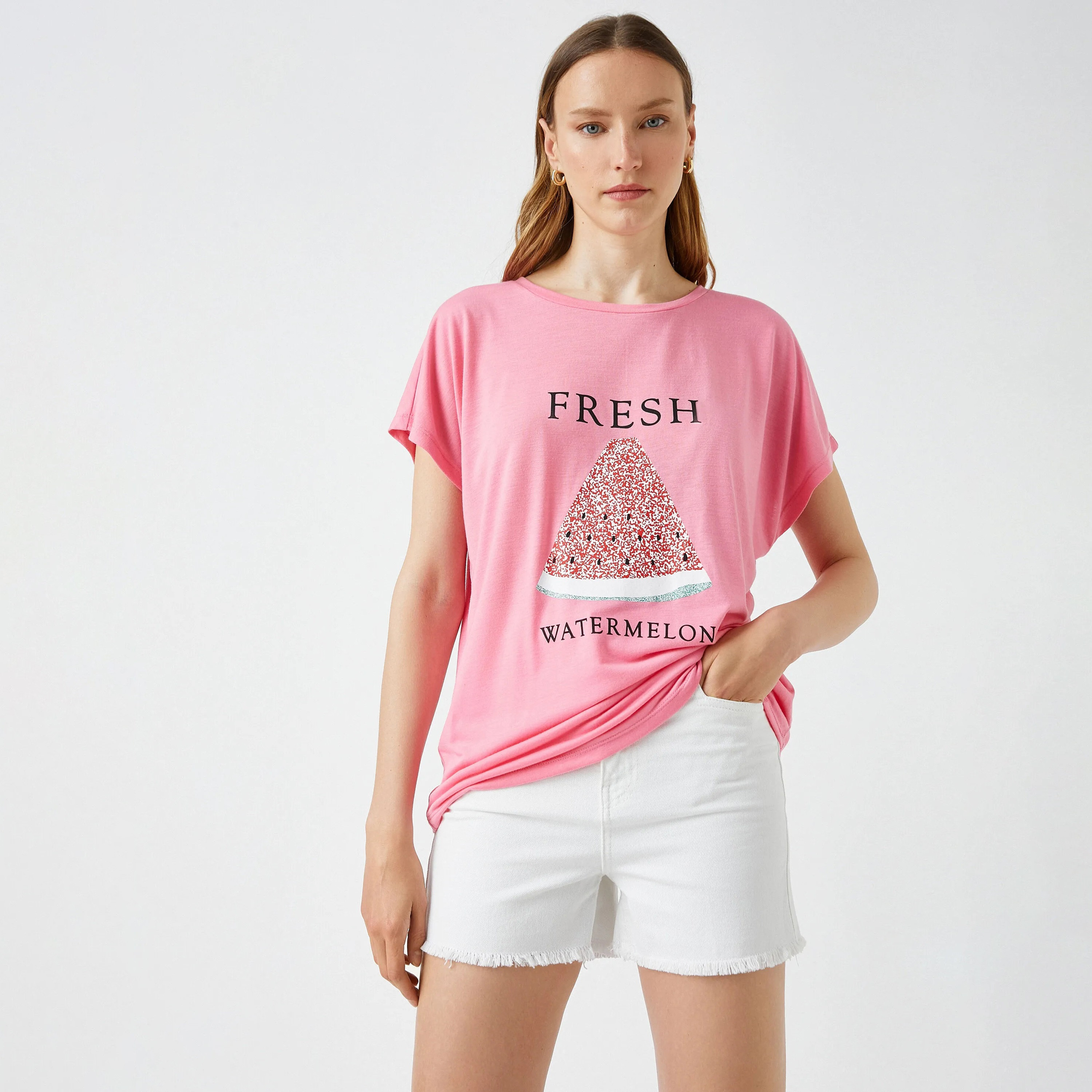 KOTON Pink Graphic Watermelon Print Women's T-Shirt-women-clothing-tshirts-image-1