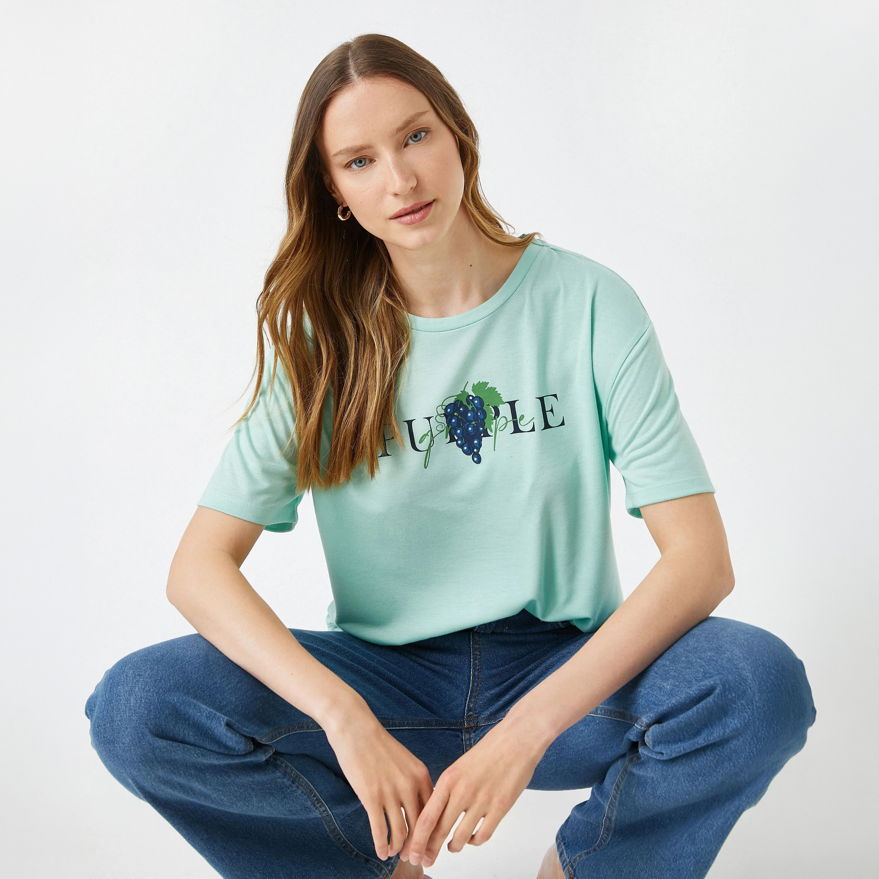 KOTON Green Graphic Grape Print Women's T-Shirt-women-clothing-tshirts-image-2
