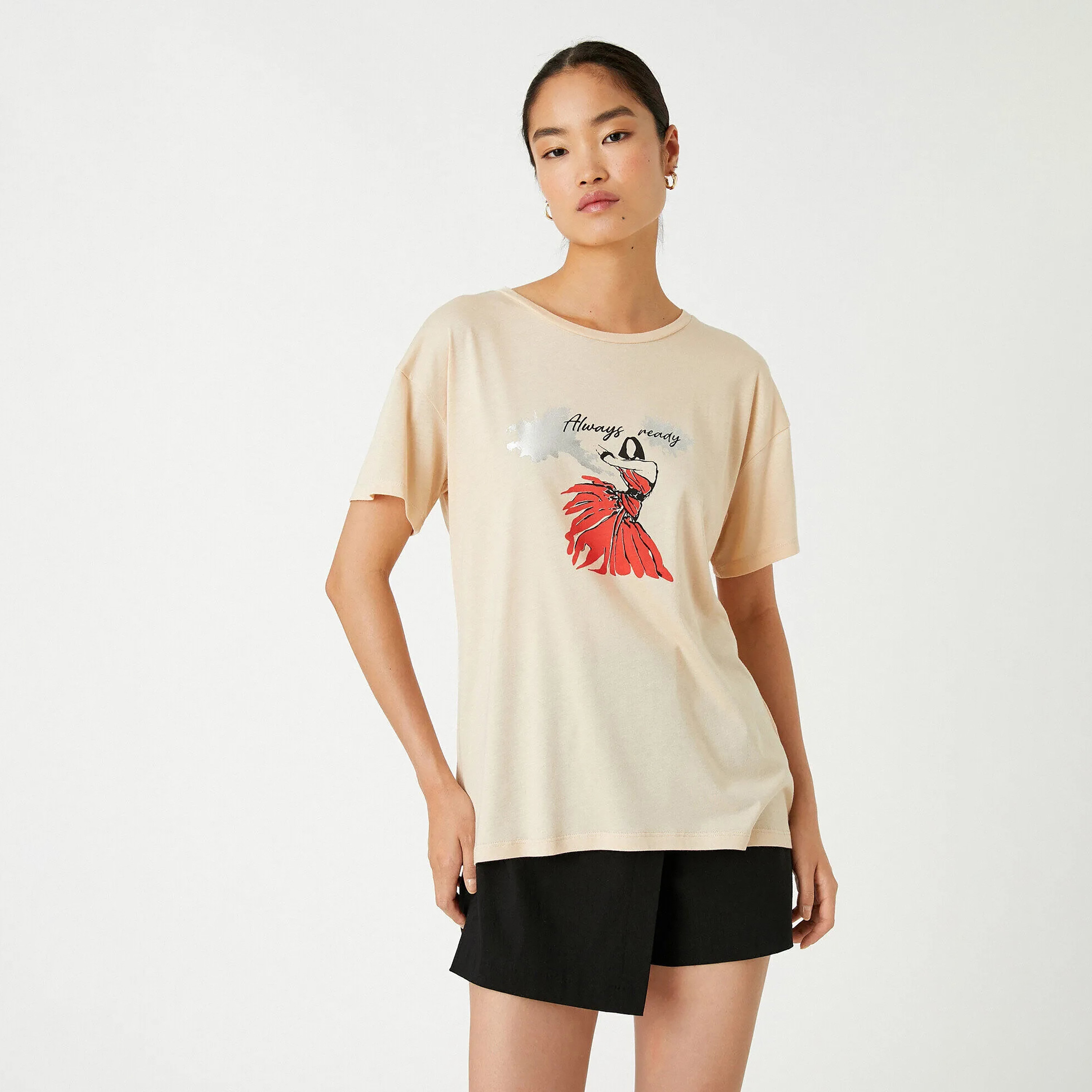 KOTON Beige Graphic Print Dropped Sleeves Women's T-Shirt-women-clothing-tshirts-image-1