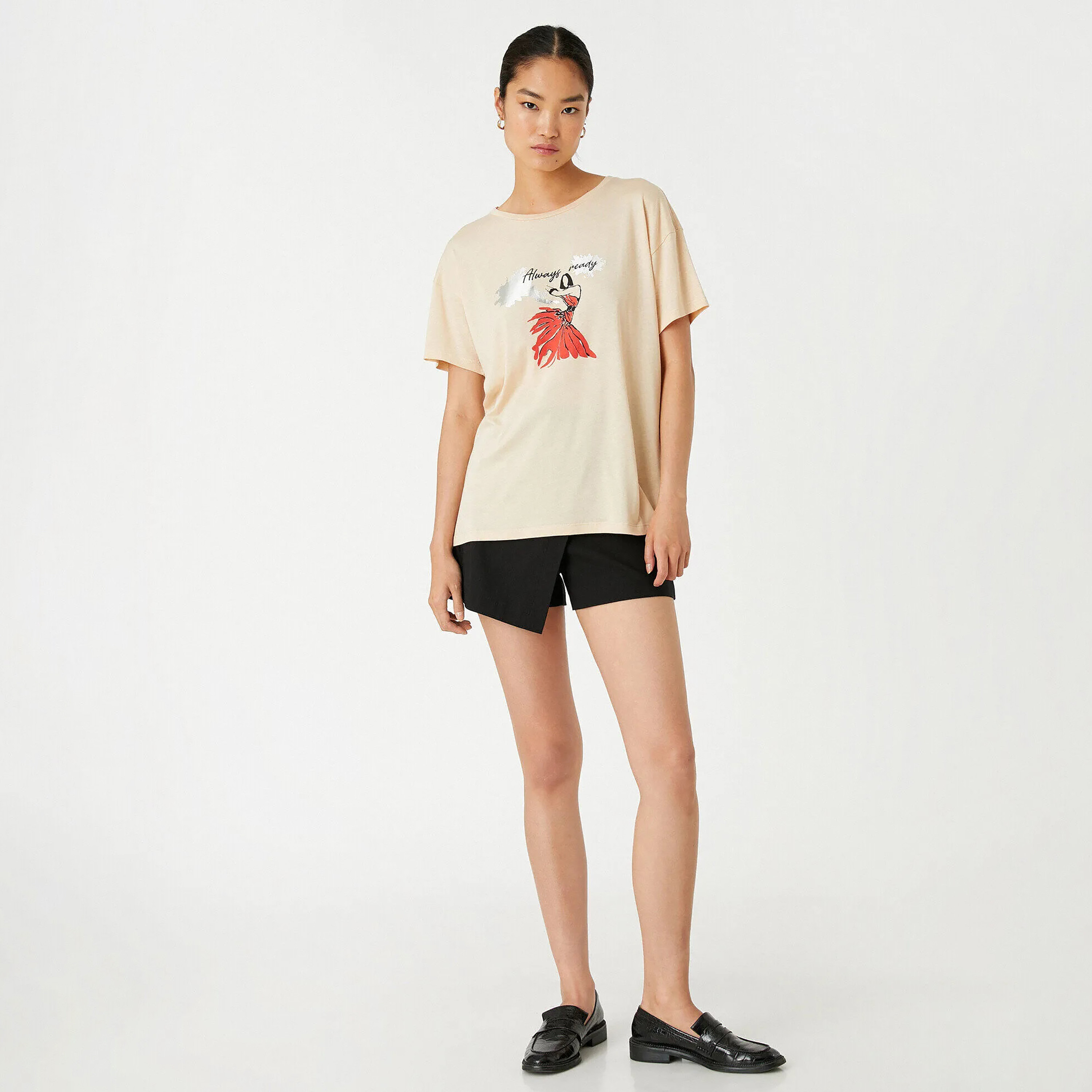 KOTON Beige Graphic Print Dropped Sleeves Women's T-Shirt-women-clothing-tshirts-image-2