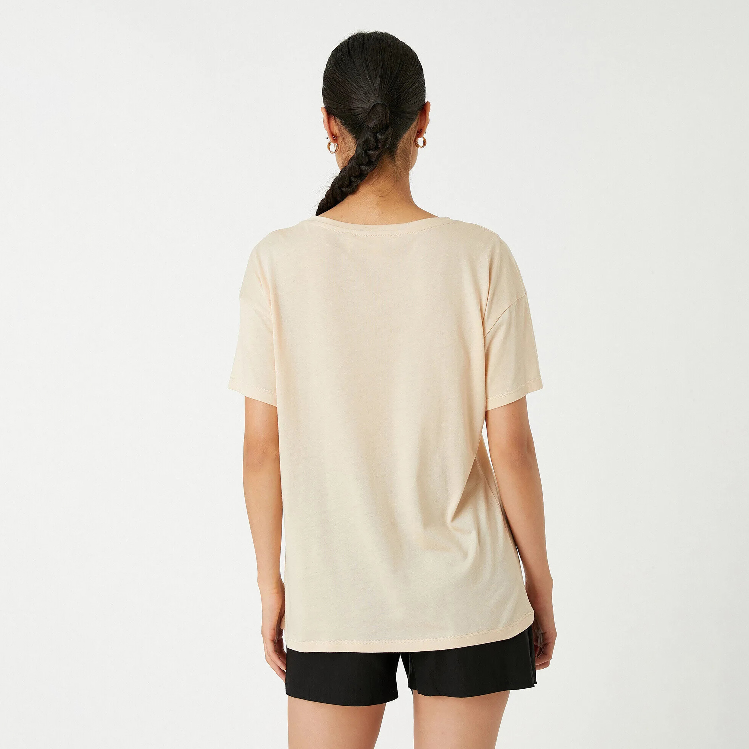 KOTON Beige Graphic Print Dropped Sleeves Women's T-Shirt-women-clothing-tshirts-image-3