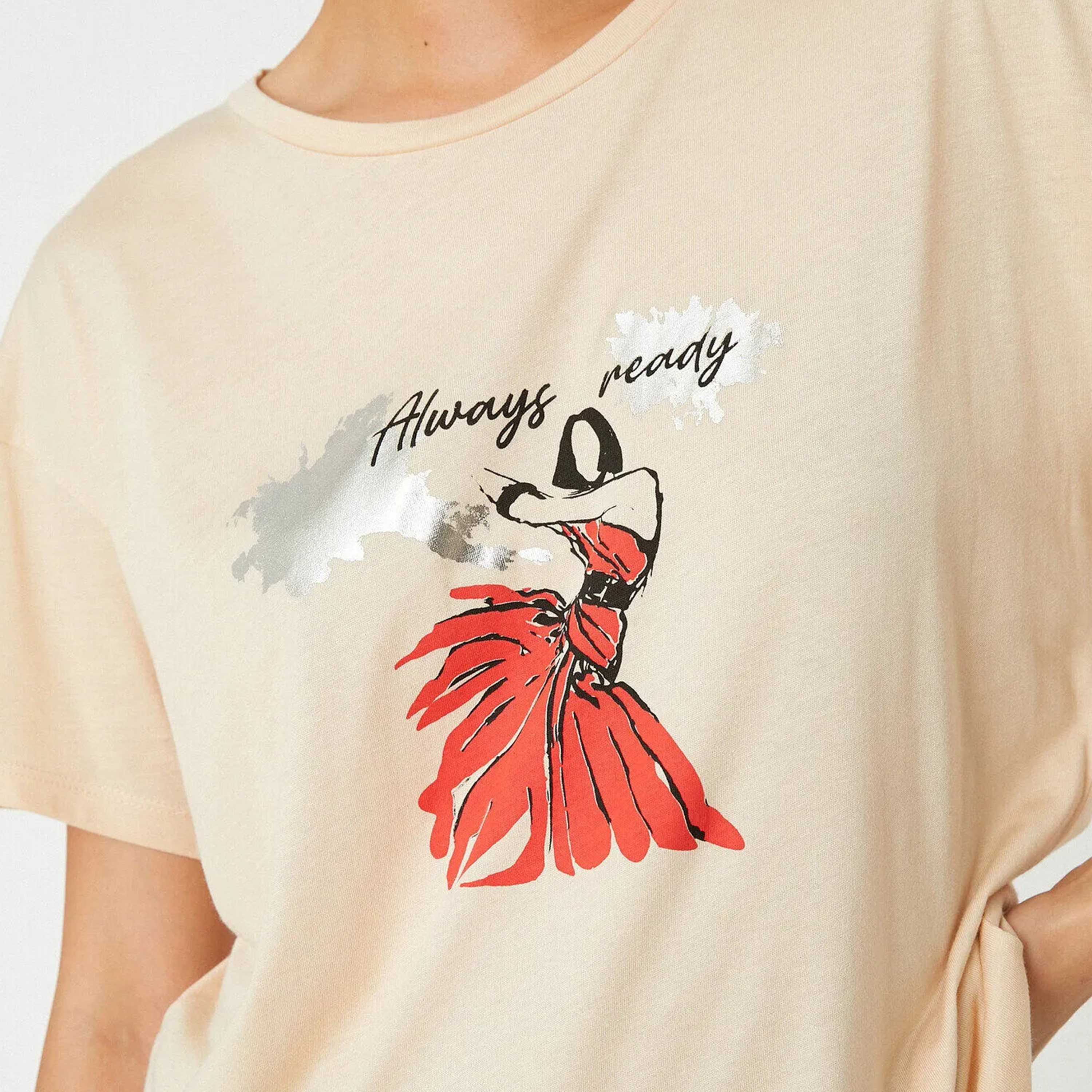 KOTON Beige Graphic Print Dropped Sleeves Women's T-Shirt-women-clothing-tshirts-image-5
