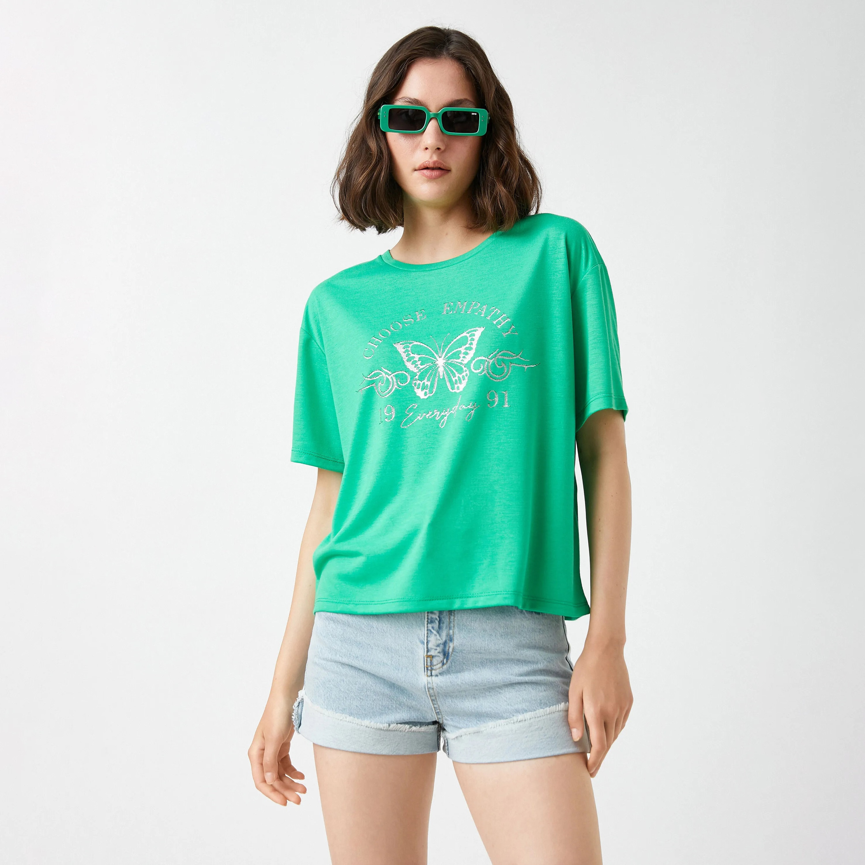 KOTON Green Graphic Butterfly Print Women's T-Shirt-women-clothing-tshirts-image-1