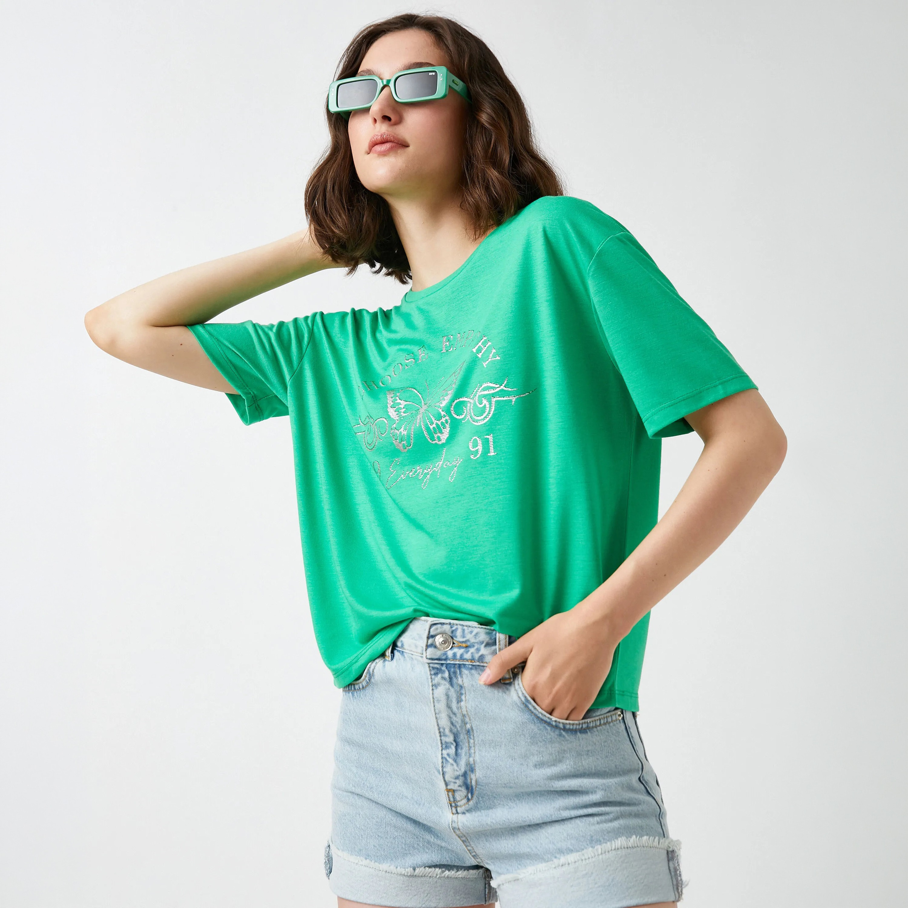 KOTON Green Graphic Butterfly Print Women's T-Shirt-women-clothing-tshirts-image-4