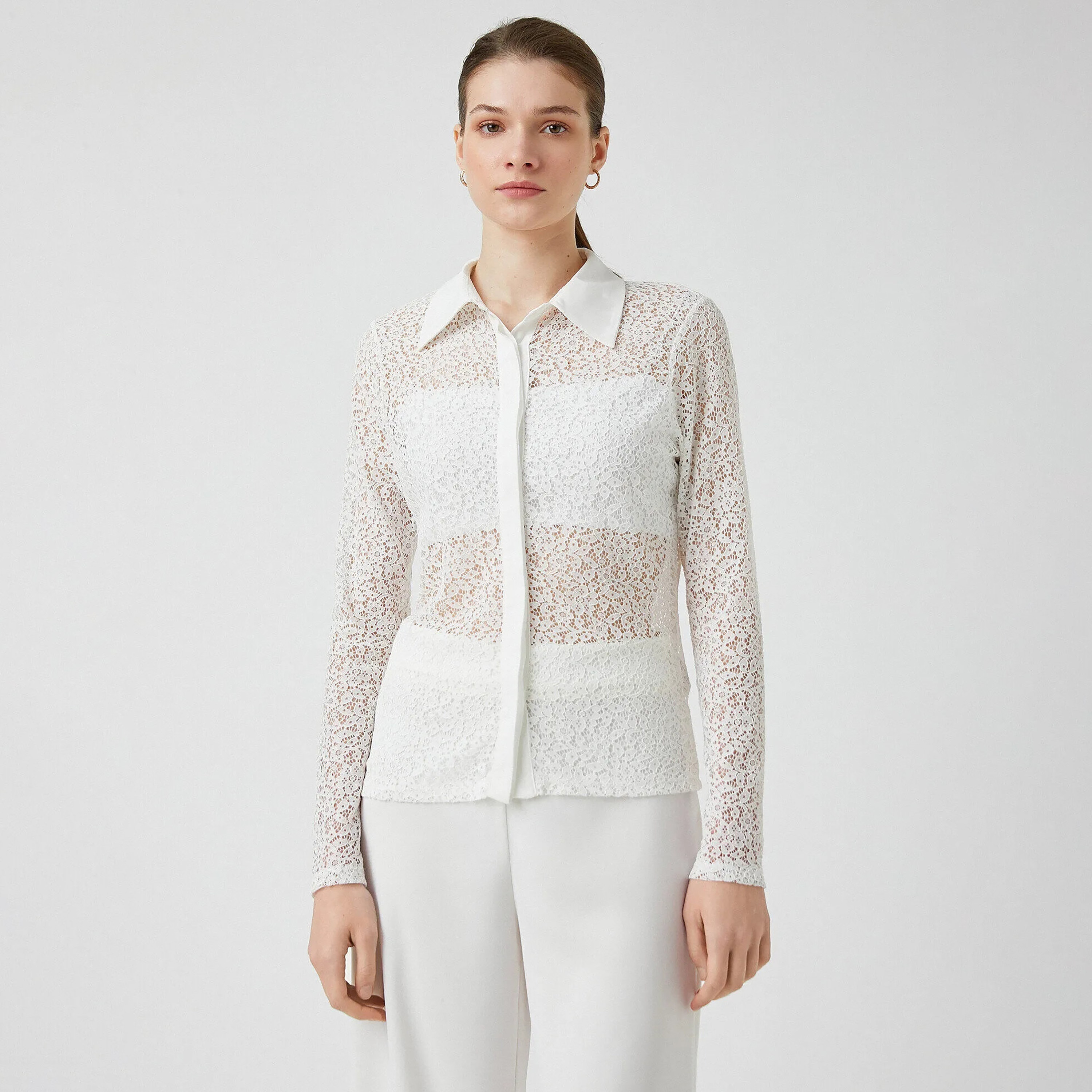 KOTON White Floral Lace Collared Women's Shirt-women-clothing-shirtsandblouses-shirts-image-1